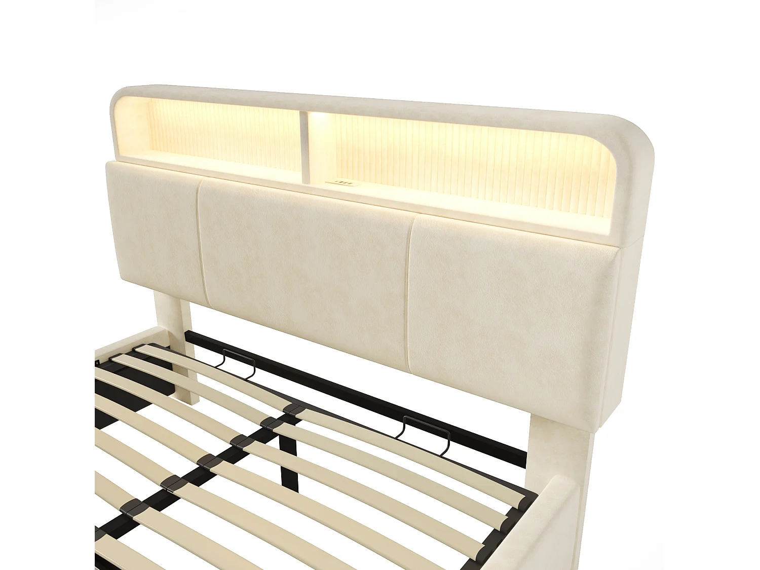 Gepolsterte Bettkasten 140x200 cm - mit LED-Beleuchtung - mit USB- und Type-C-Anschlüssen - mit höhenverstellbarem Kopfteil - Samt - Beige