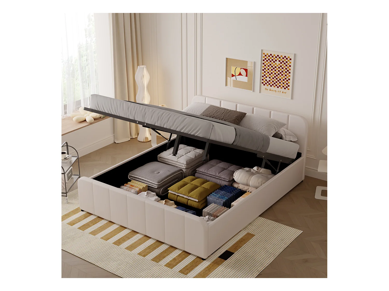 Lit avec coffre de rangement 160x200cm en velours beige TAMPA