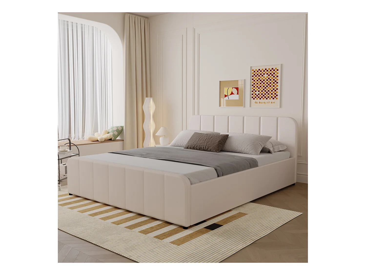 Lit avec coffre de rangement 160x200cm en velours beige TAMPA