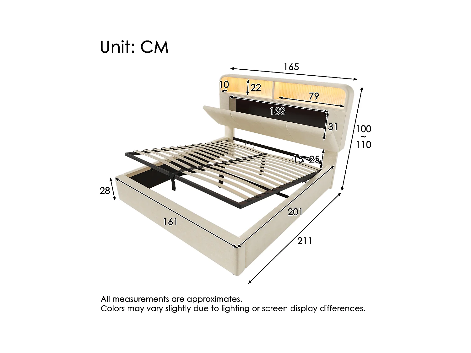 Lit coffre rembourré 160x200cm - avec éclairage LED - avec ports USB et Type-C - avec tête de lit réglable en hauteur - velours - Beige (sans matelas)