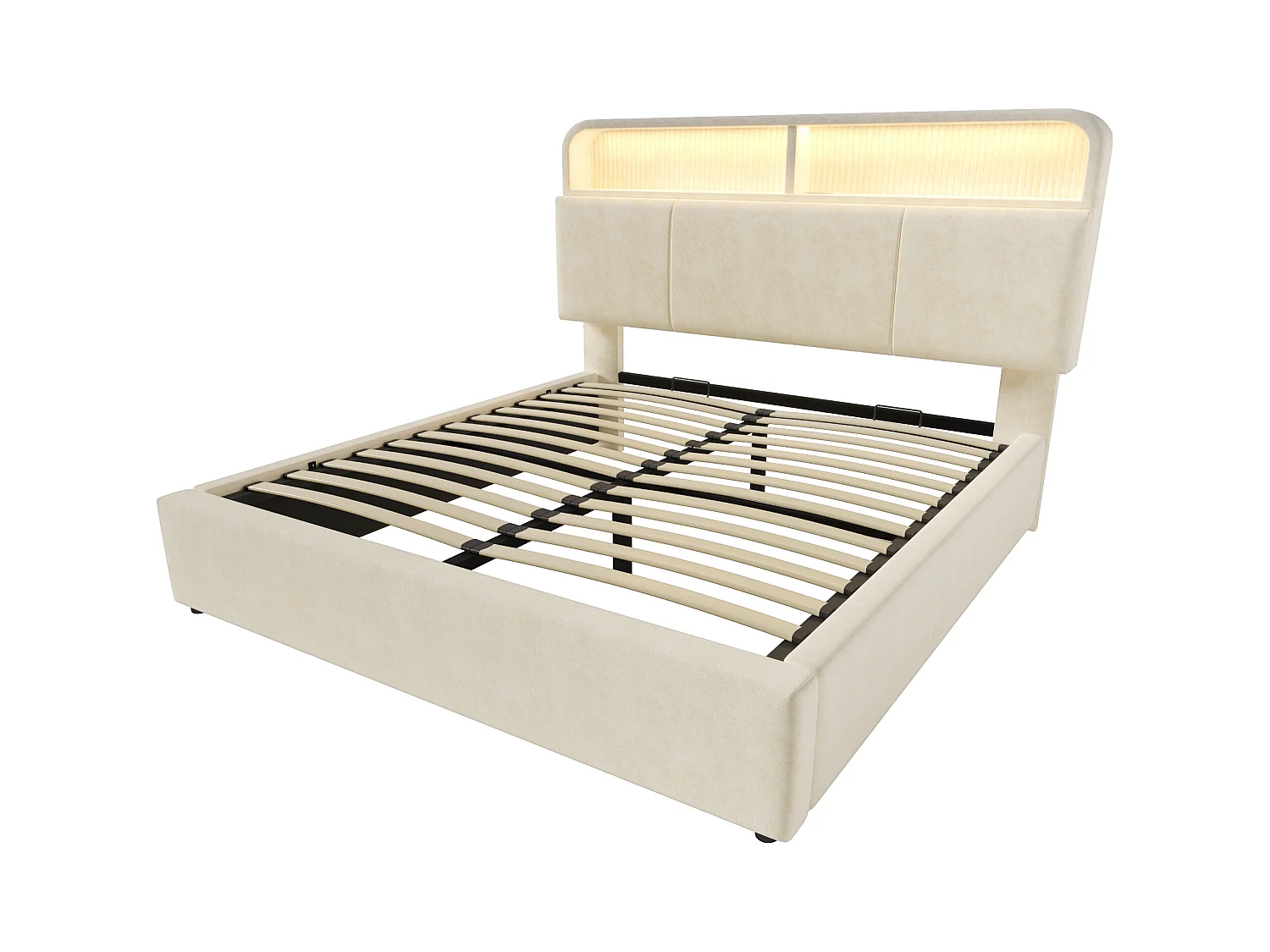 Lit coffre rembourré 160x200cm - avec éclairage LED - avec ports USB et Type-C - avec tête de lit réglable en hauteur - velours - Beige (sans matelas)
