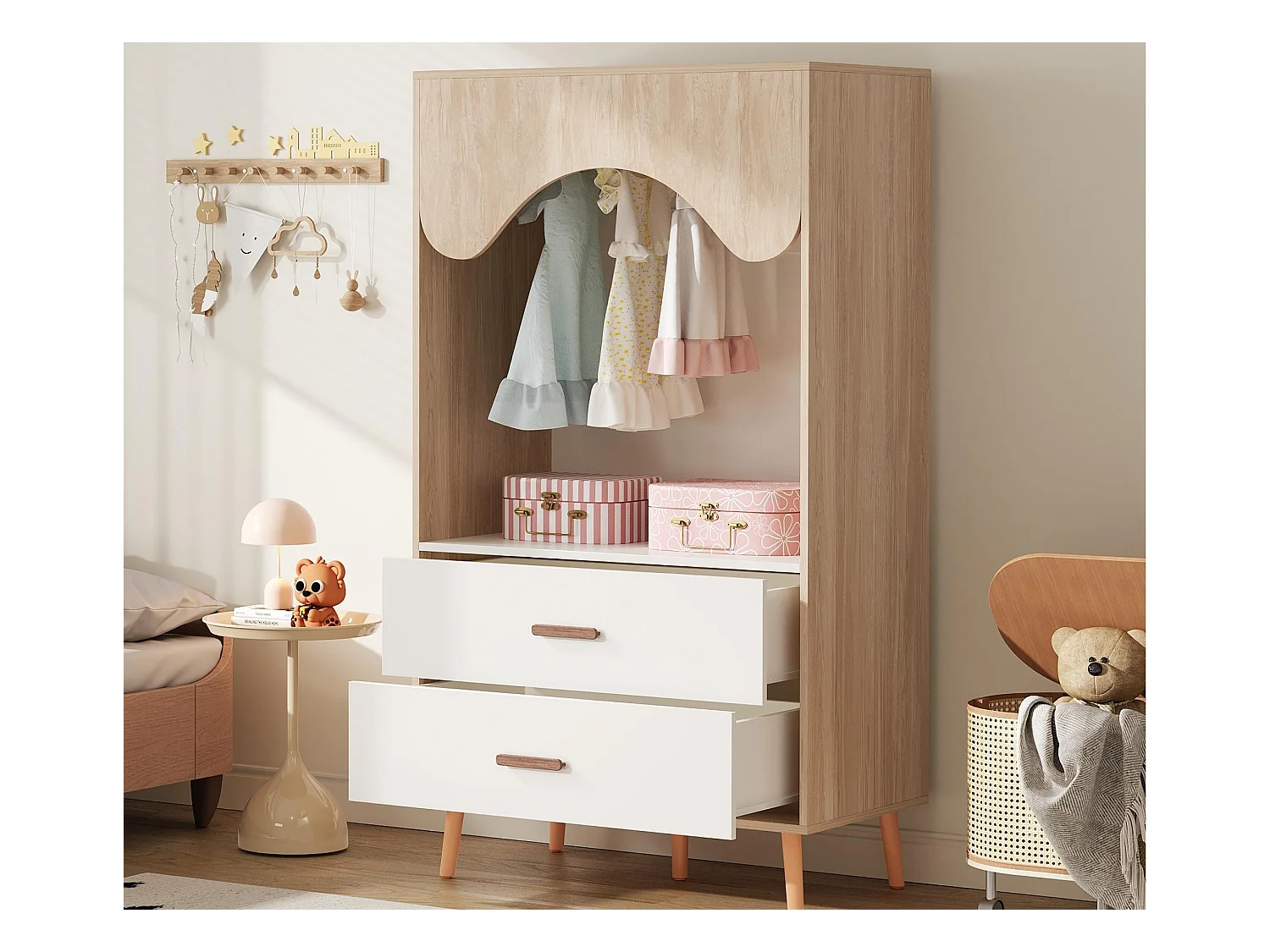 Armoire enfant ouverte 80x46x141.5 cm - avec tringle à vêtements et 2 tiroirs - pieds et poignées en bois massif - blanc + naturel