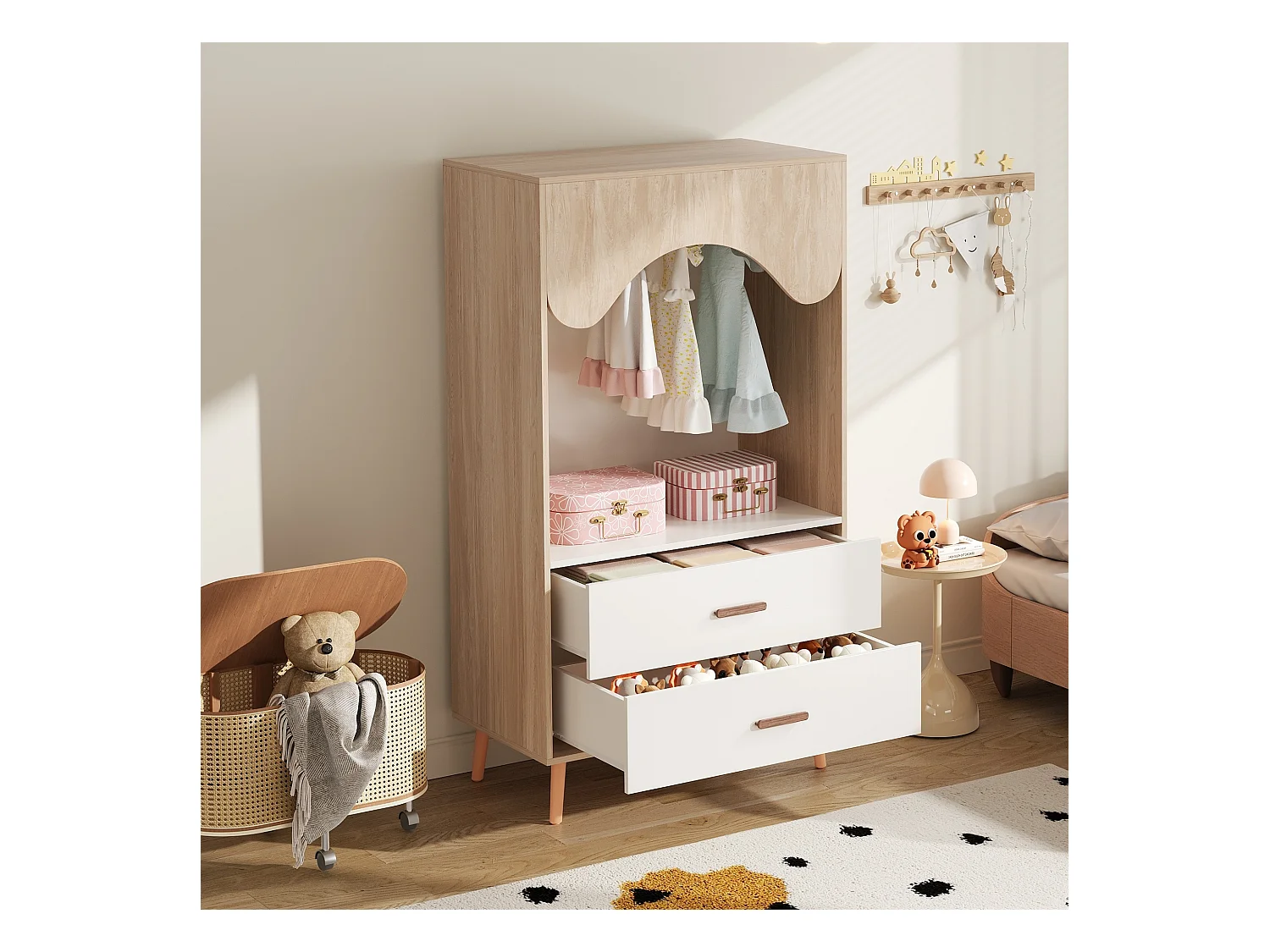 Armoire enfant ouverte 80x46x141.5 cm - avec tringle à vêtements et 2 tiroirs - pieds et poignées en bois massif - blanc + naturel