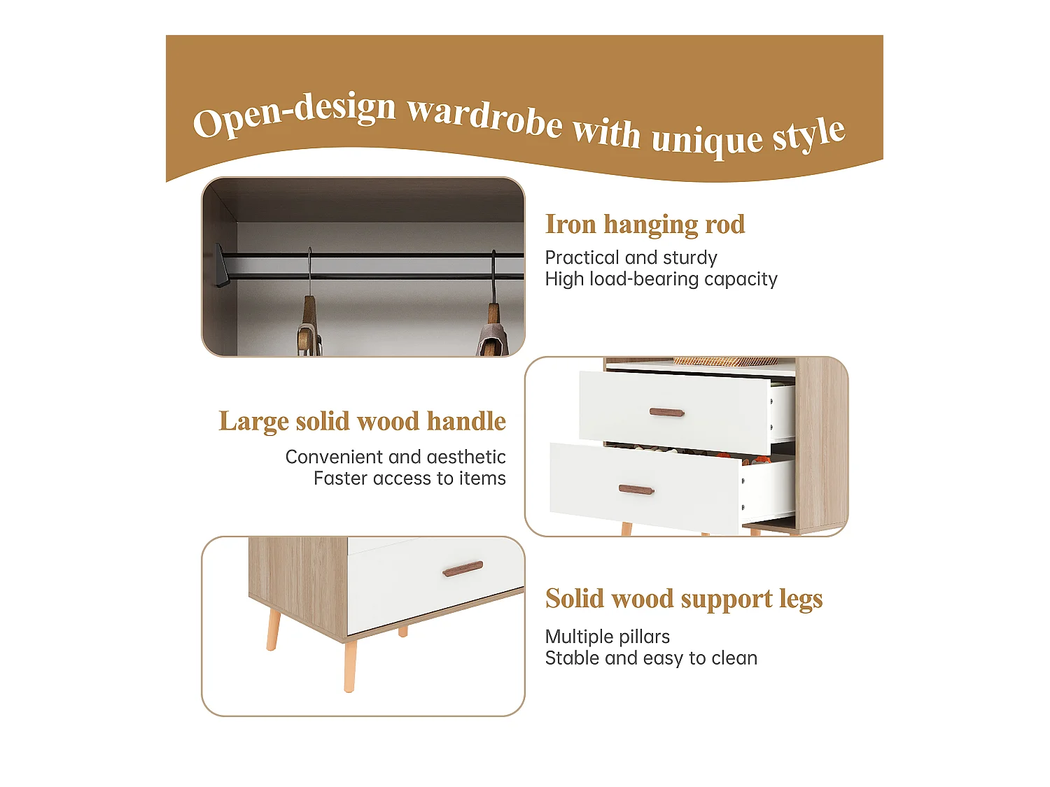 Armoire enfant ouverte 80x46x141.5 cm - avec tringle à vêtements et 2 tiroirs - pieds et poignées en bois massif - blanc + naturel