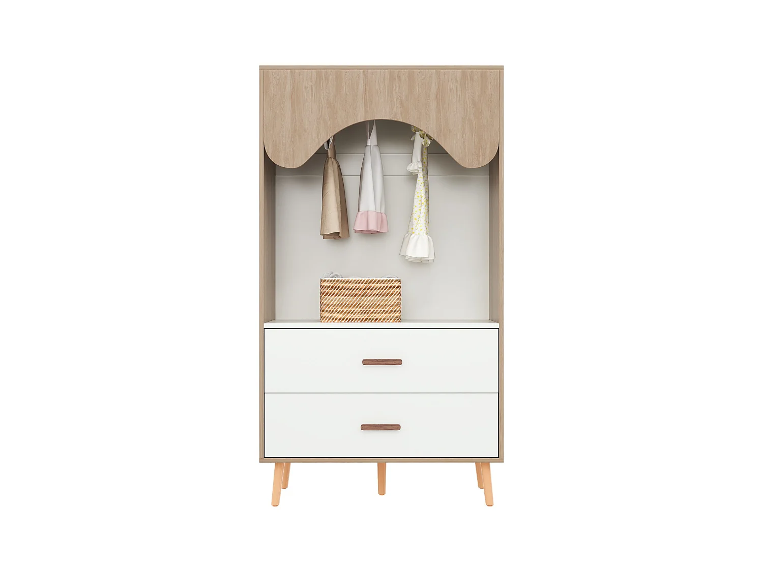 Armoire enfant ouverte 80x46x141.5 cm - avec tringle à vêtements et 2 tiroirs - pieds et poignées en bois massif - blanc + naturel