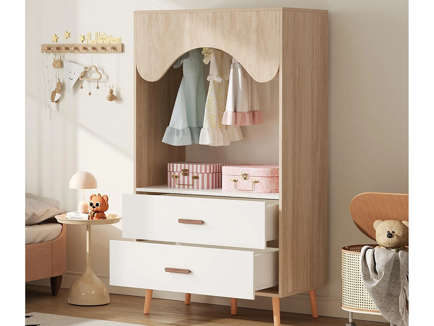 Armoire enfant ouverte 80x46x141.5 cm - avec tringle à vêtements et 2 tiroirs - pieds et poignées en bois massif - blanc + naturel