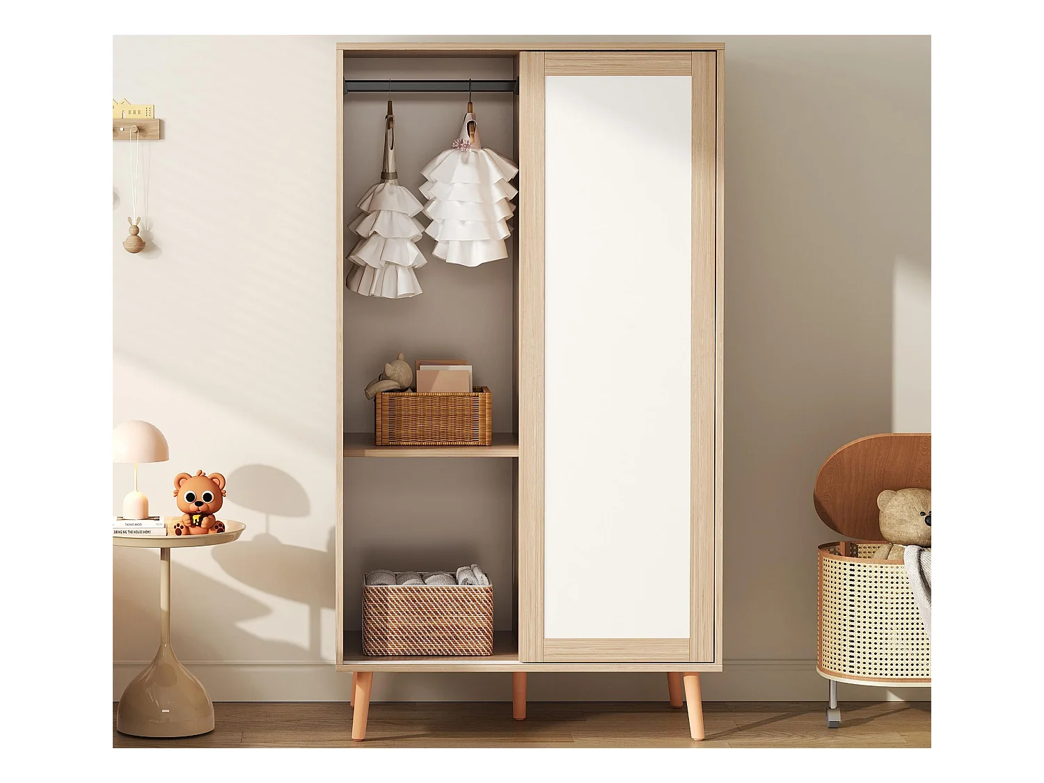 Armoire enfant 80x46x141.5 cm - avec tringle à vêtements - 2 portes coulissantes - pieds en bois massif - naturel