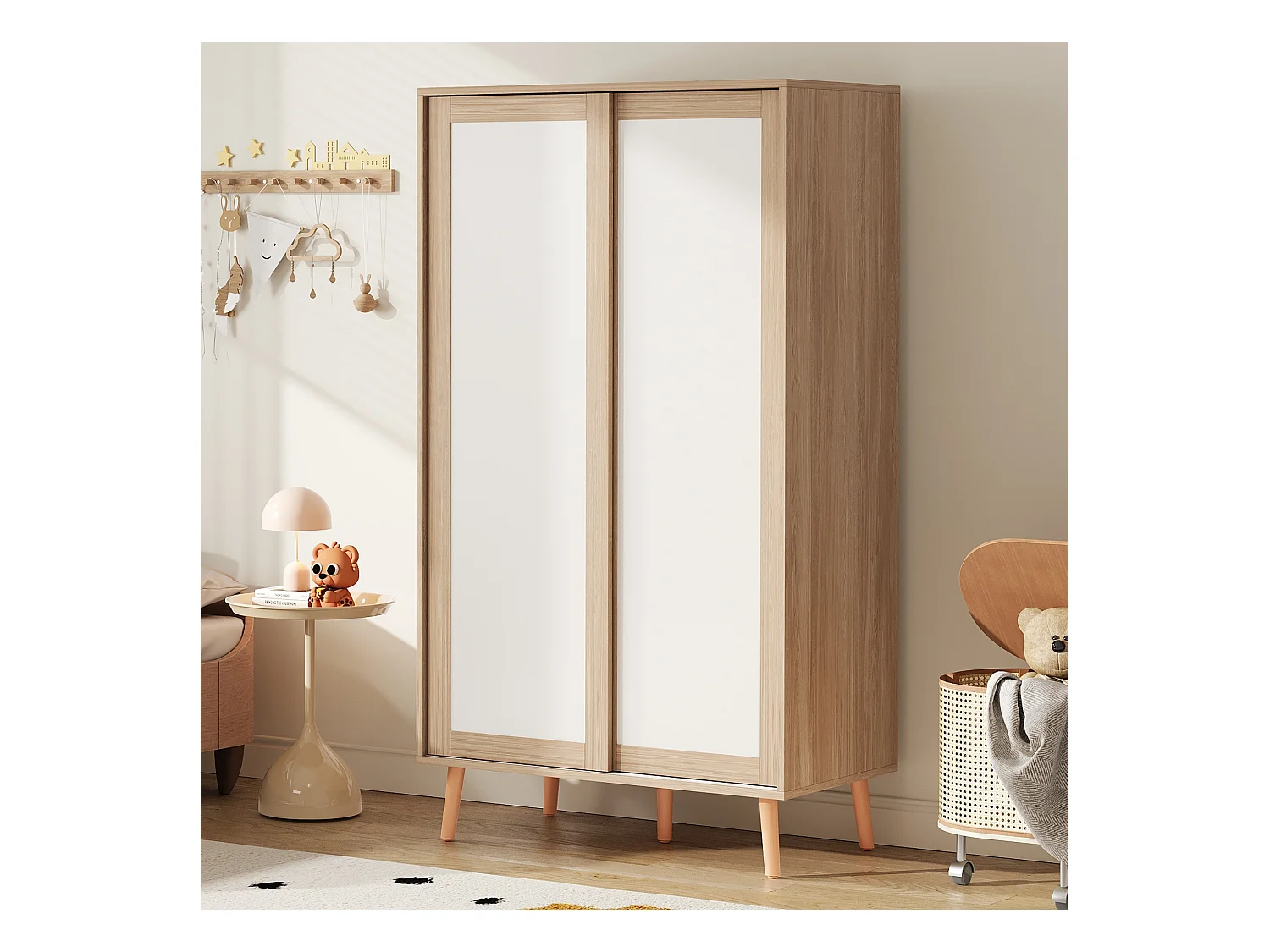 Armoire enfant 80x46x141.5 cm - avec tringle à vêtements - 2 portes coulissantes - pieds en bois massif - naturel