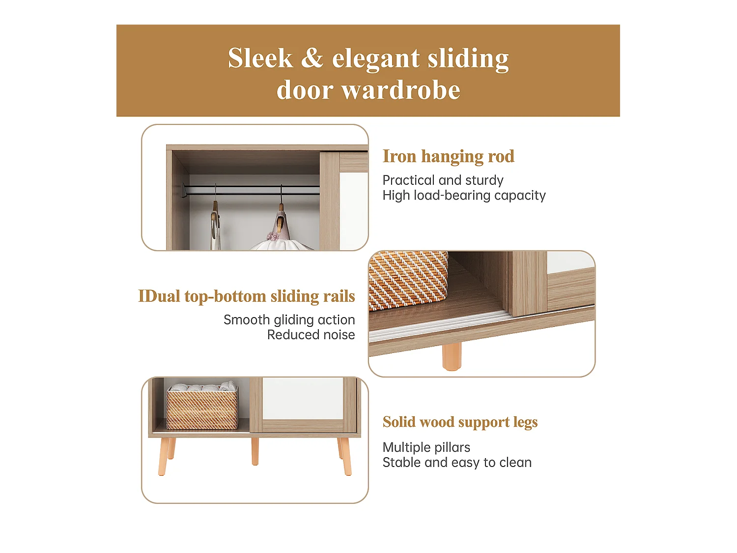 Armoire enfant 80x46x141.5 cm - avec tringle à vêtements - 2 portes coulissantes - pieds en bois massif - naturel