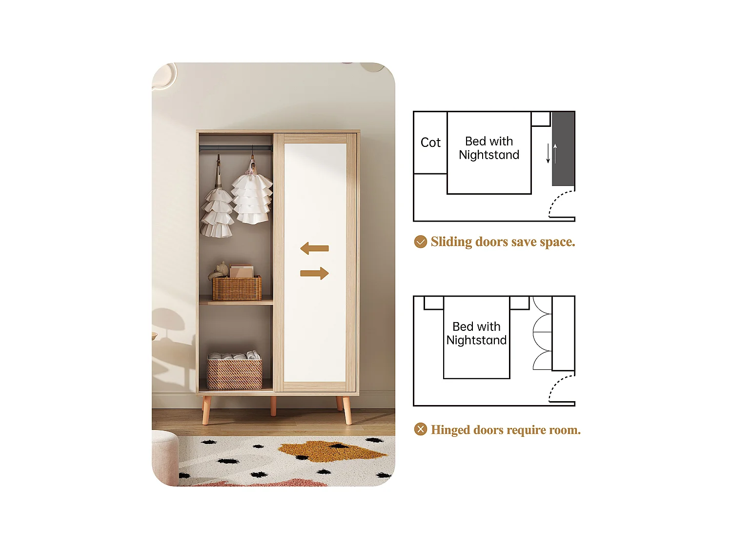 Armoire enfant 80x46x141.5 cm - avec tringle à vêtements - 2 portes coulissantes - pieds en bois massif - naturel
