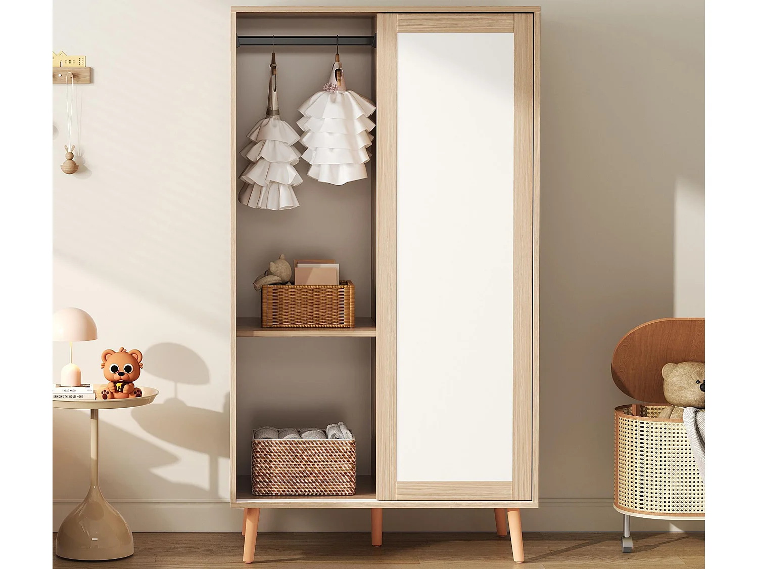 Armoire enfant 80x46x141.5 cm - avec tringle à vêtements - 2 portes coulissantes - pieds en bois massif - naturel