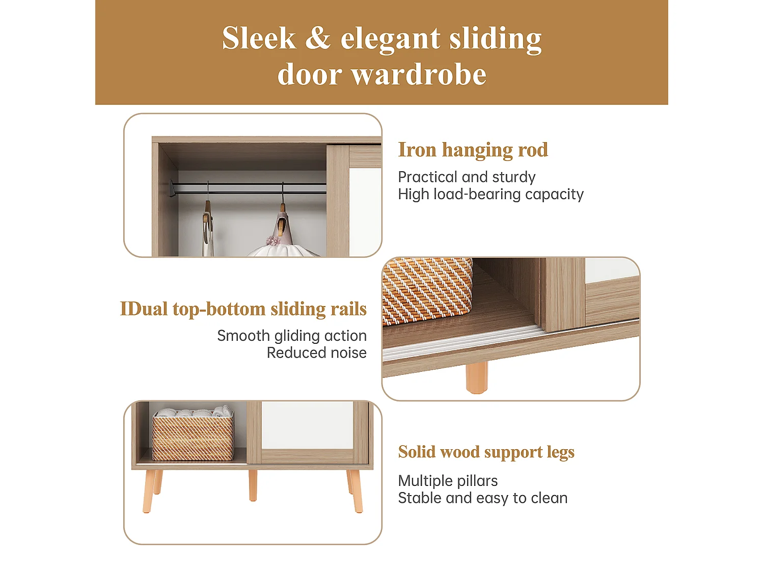 Armoire enfant 80x46x141.5 cm - avec tringle à vêtements - 2 portes coulissantes - pieds en bois massif - naturel