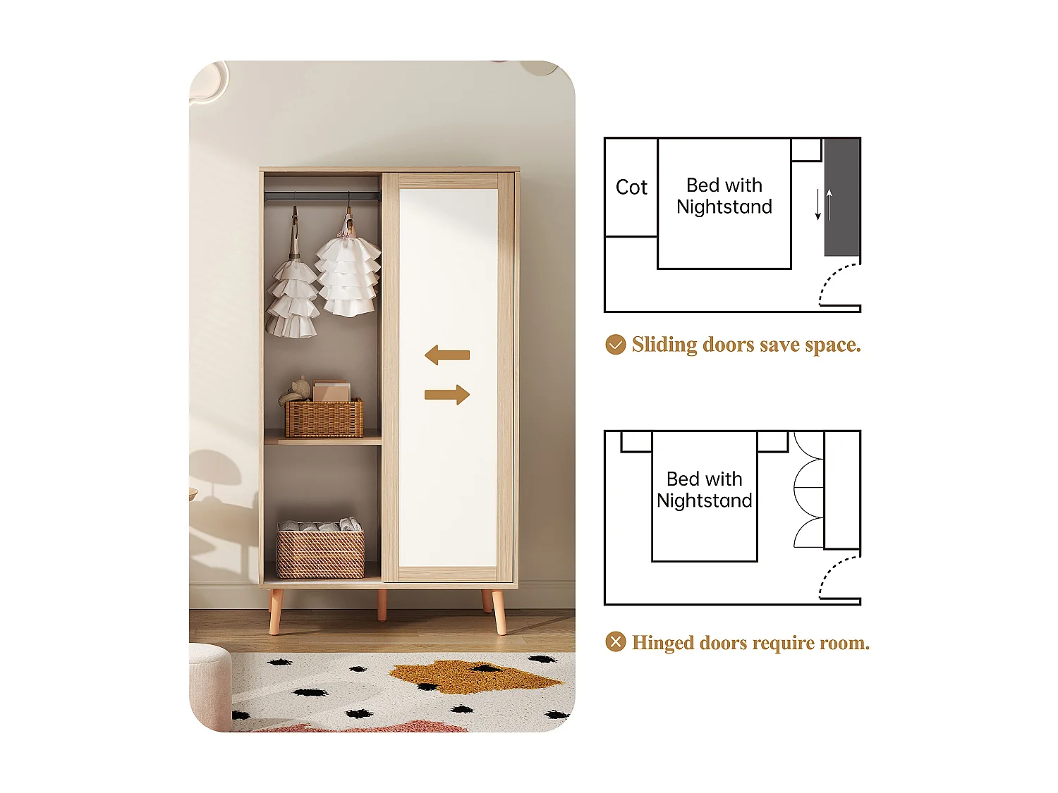 Armoire enfant 80x46x141.5 cm - avec tringle à vêtements - 2 portes coulissantes - pieds en bois massif - naturel