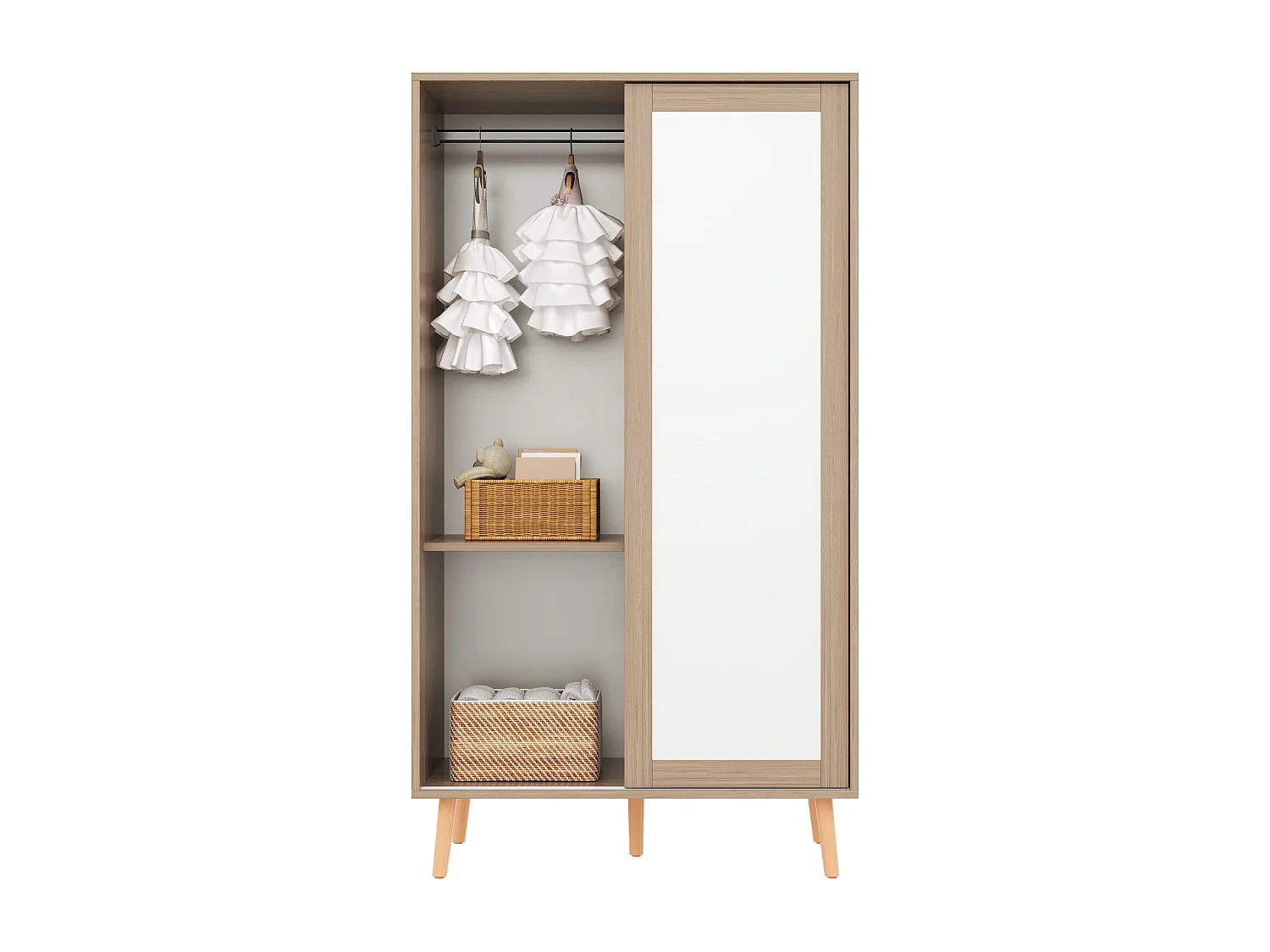 Armoire enfant 80x46x141.5 cm - avec tringle à vêtements - 2 portes coulissantes - pieds en bois massif - naturel