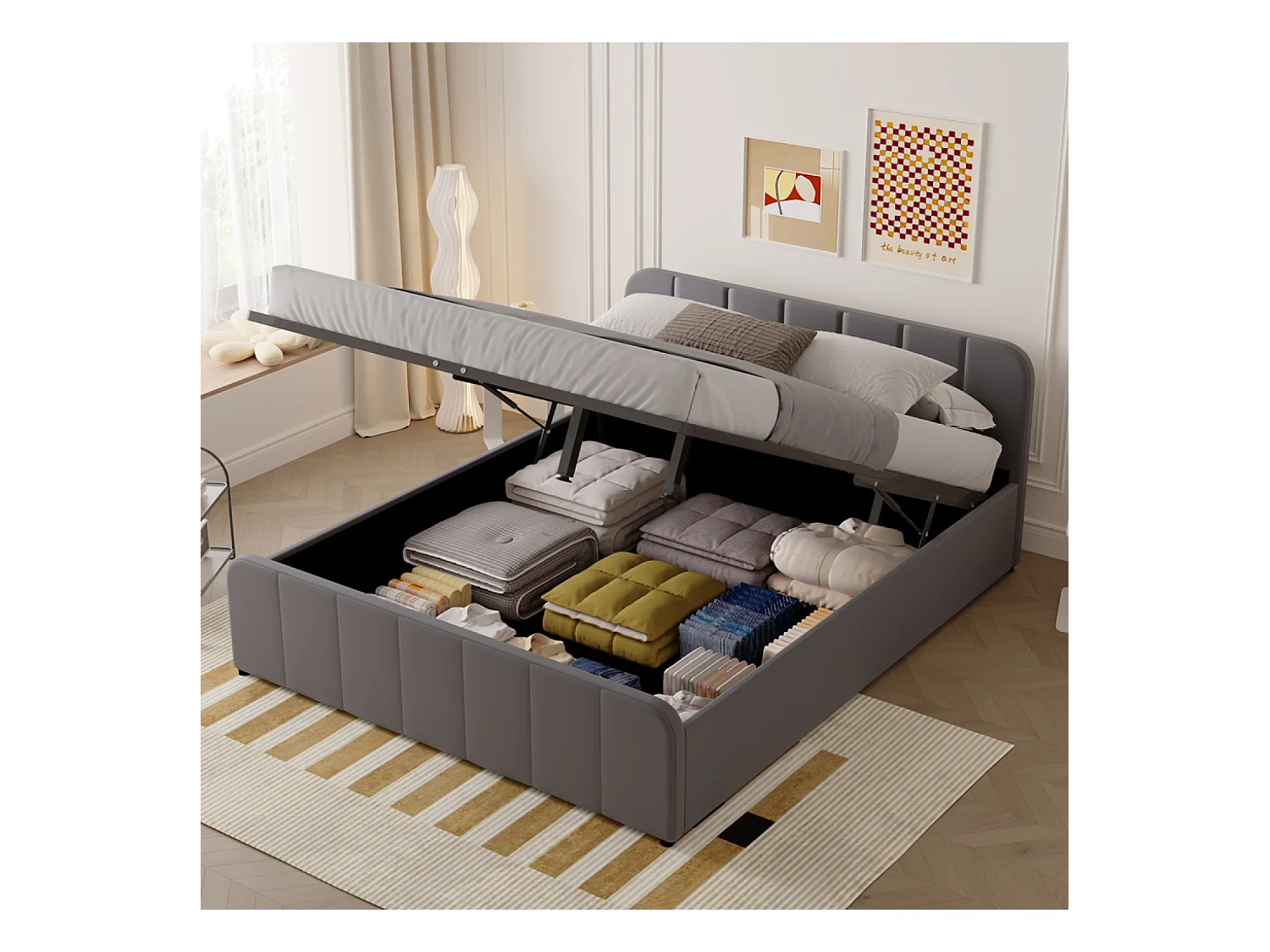 Lit avec coffre de rangement 160x200cm en velours gris TAMPA