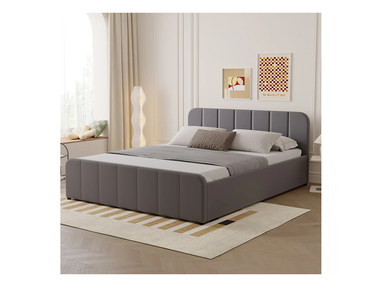 Lit avec coffre de rangement 160x200cm en velours gris TAMPA