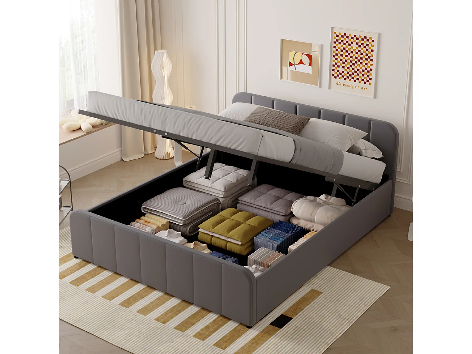 Lit avec coffre de rangement 160x200cm en velours gris TAMPA