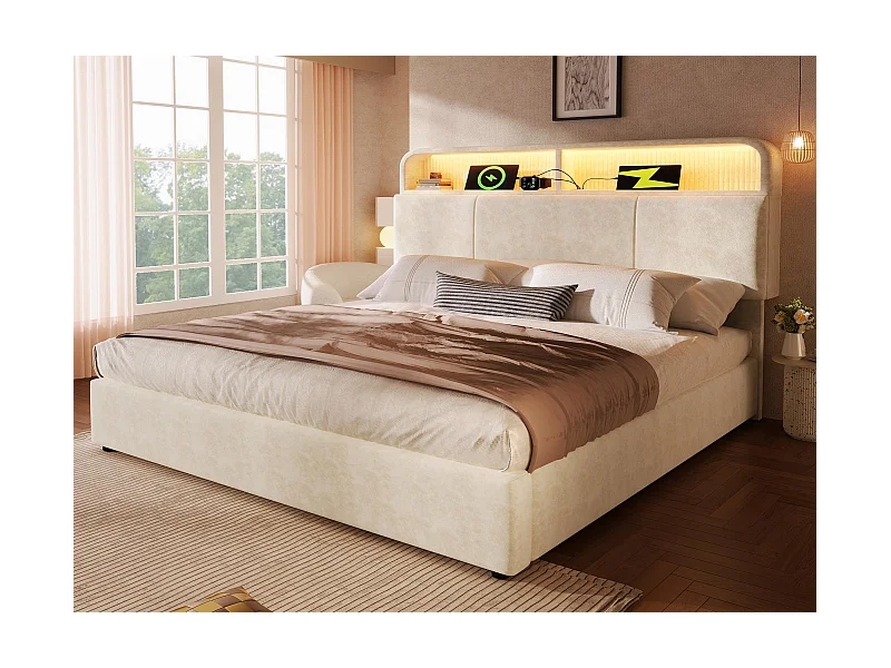 Tapicerowane łóżko z pojemnikiem 140x190 cm - z oświetleniem LED - z portami USB i Type-C - z regulowanym wezgłowiem - welur - Beżowy