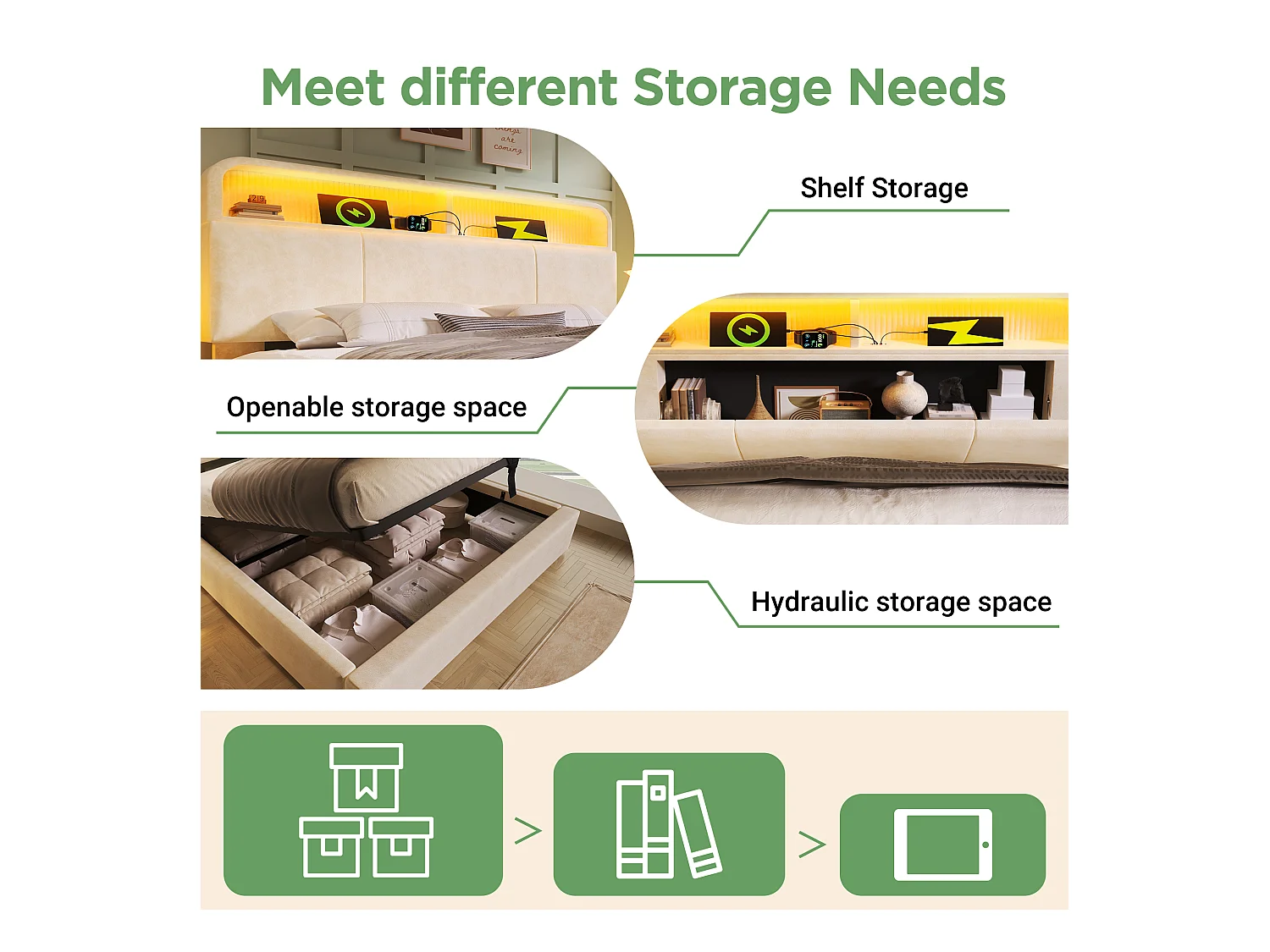 Lit coffre rembourré 140x190cm - avec éclairage LED - avec ports USB et Type-C - avec tête de lit réglable en hauteur - velours - Beige (sans matelas)