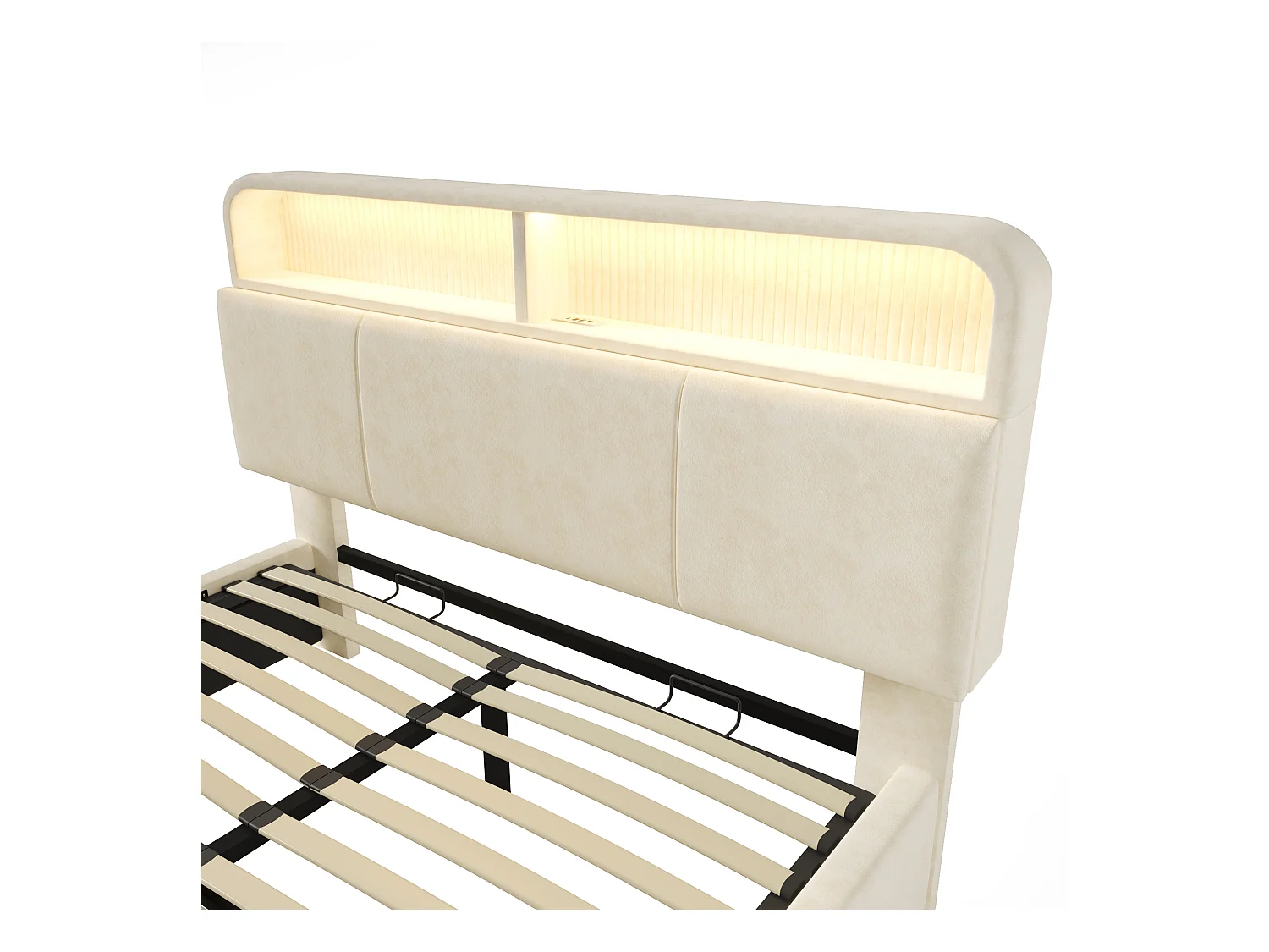 Lit coffre rembourré 140x190cm - avec éclairage LED - avec ports USB et Type-C - avec tête de lit réglable en hauteur - velours - Beige (sans matelas)