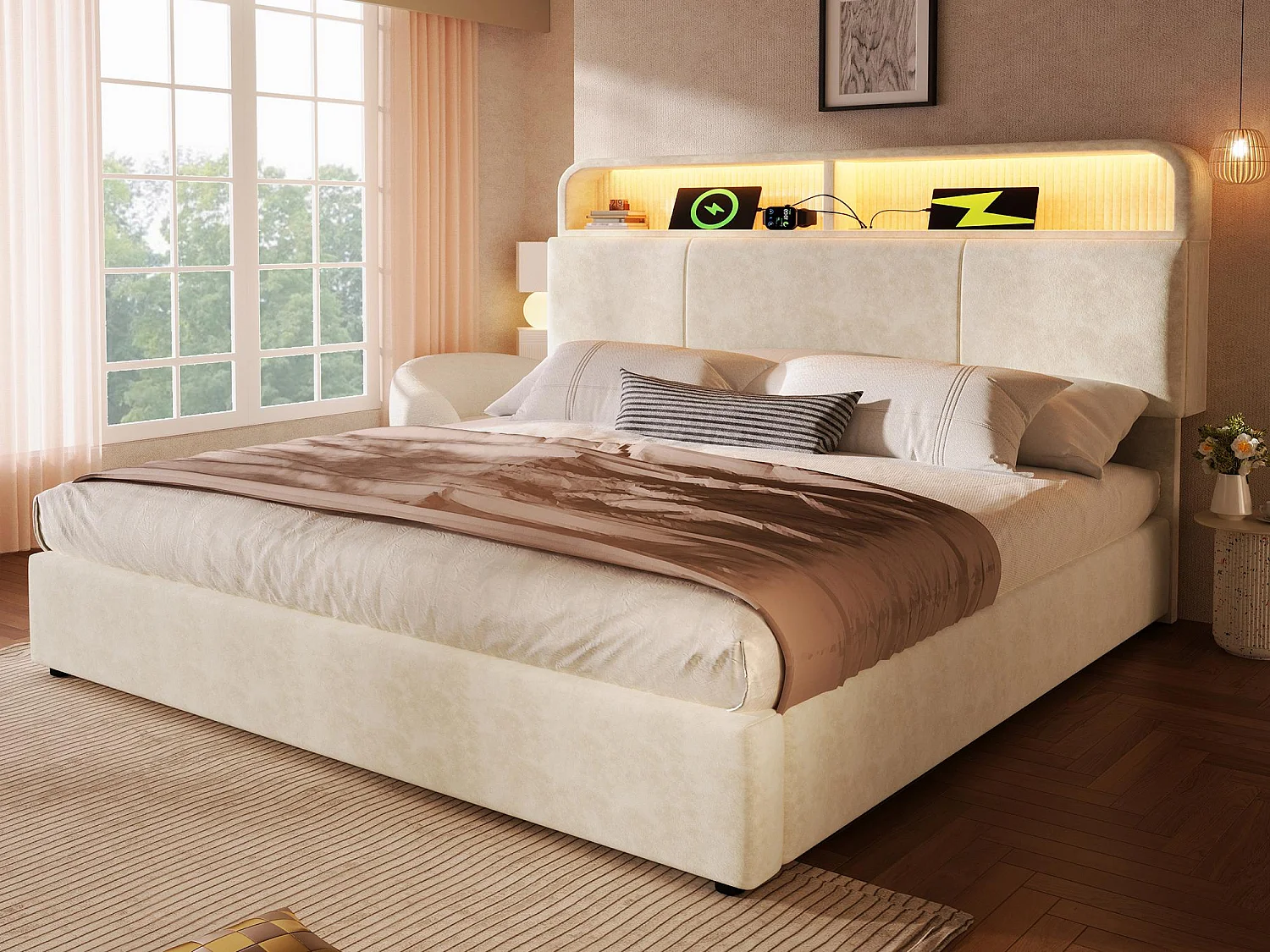 Letto contenitore imbottito 140x190 cm - con illuminazione LED - con porte USB e Type-C - con testiera regolabile in altezza - velluto - Beige