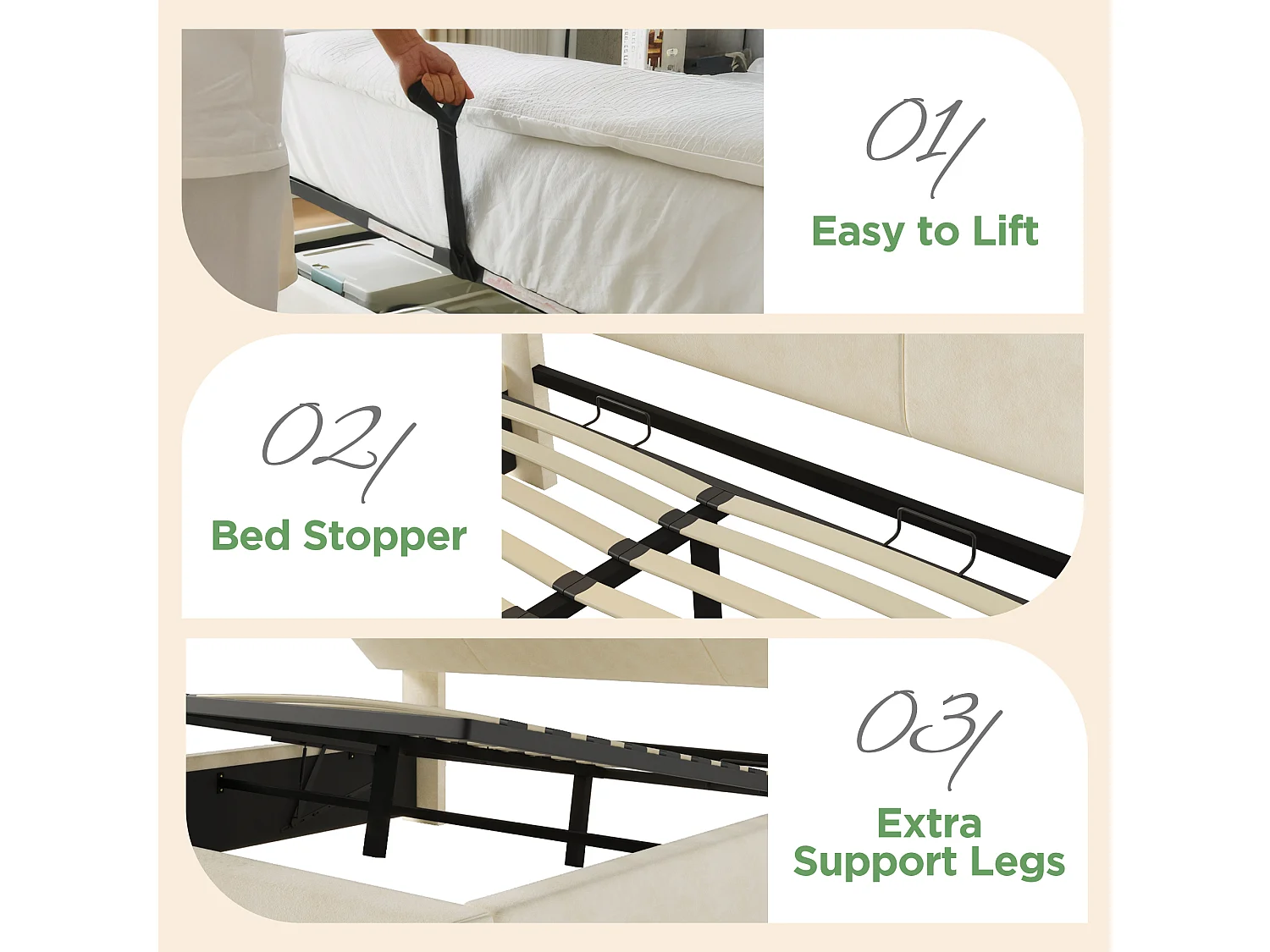 Gepolsterte Bettkasten 140x190 cm - mit LED-Beleuchtung - mit USB- und Type-C-Anschlüssen - mit höhenverstellbarem Kopfteil - Samt - Beige