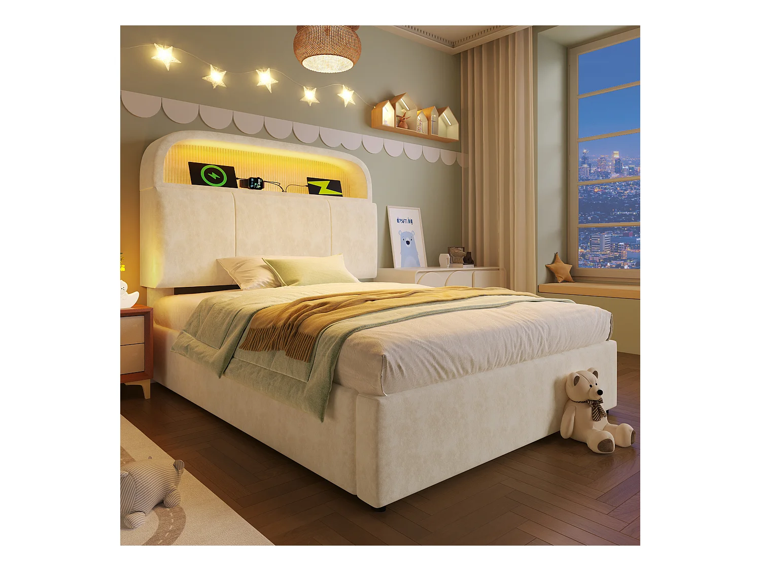 Lit coffre rembourré 90x200cm - avec éclairage LED - avec ports USB et Type-C - avec tête de lit réglable en hauteur - velours - Beige