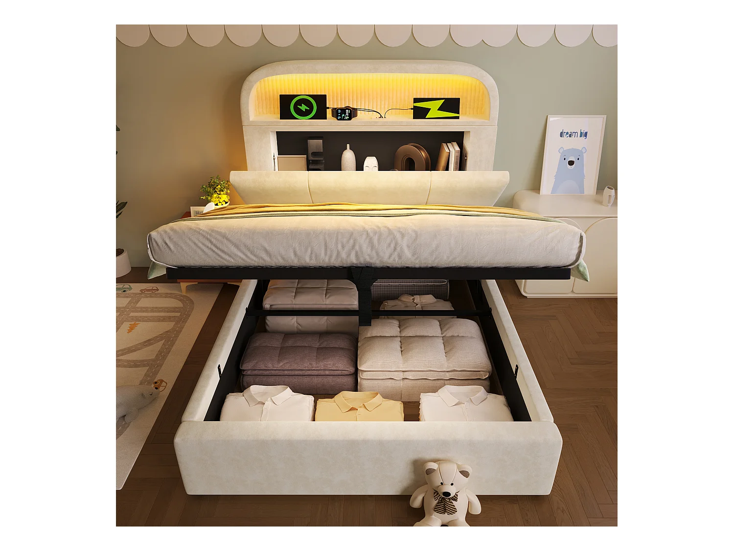 Lit coffre rembourré 90x200cm - avec éclairage LED - avec ports USB et Type-C - avec tête de lit réglable en hauteur - velours - Beige