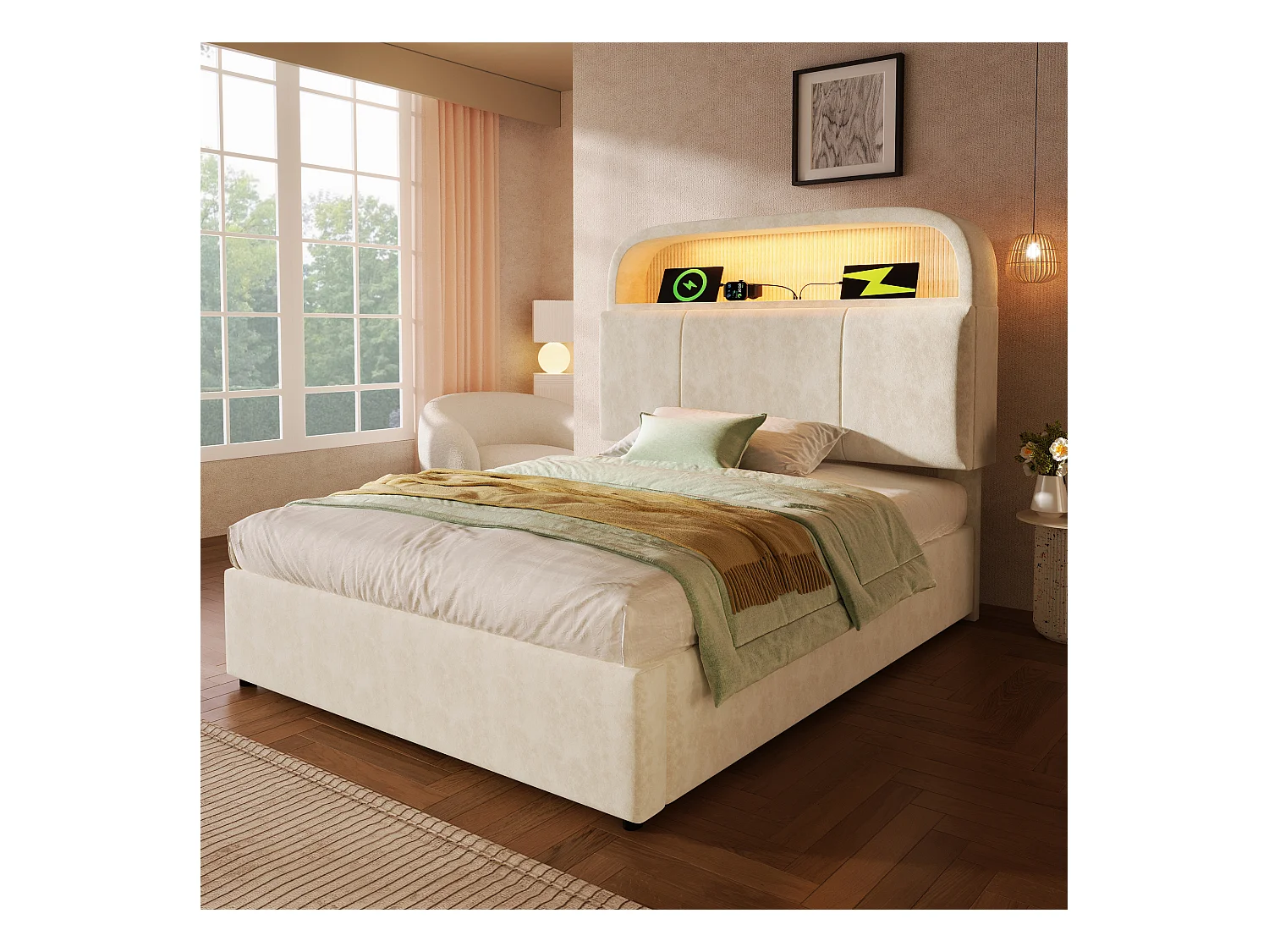 Lit coffre rembourré 90x200cm - avec éclairage LED - avec ports USB et Type-C - avec tête de lit réglable en hauteur - velours - Beige