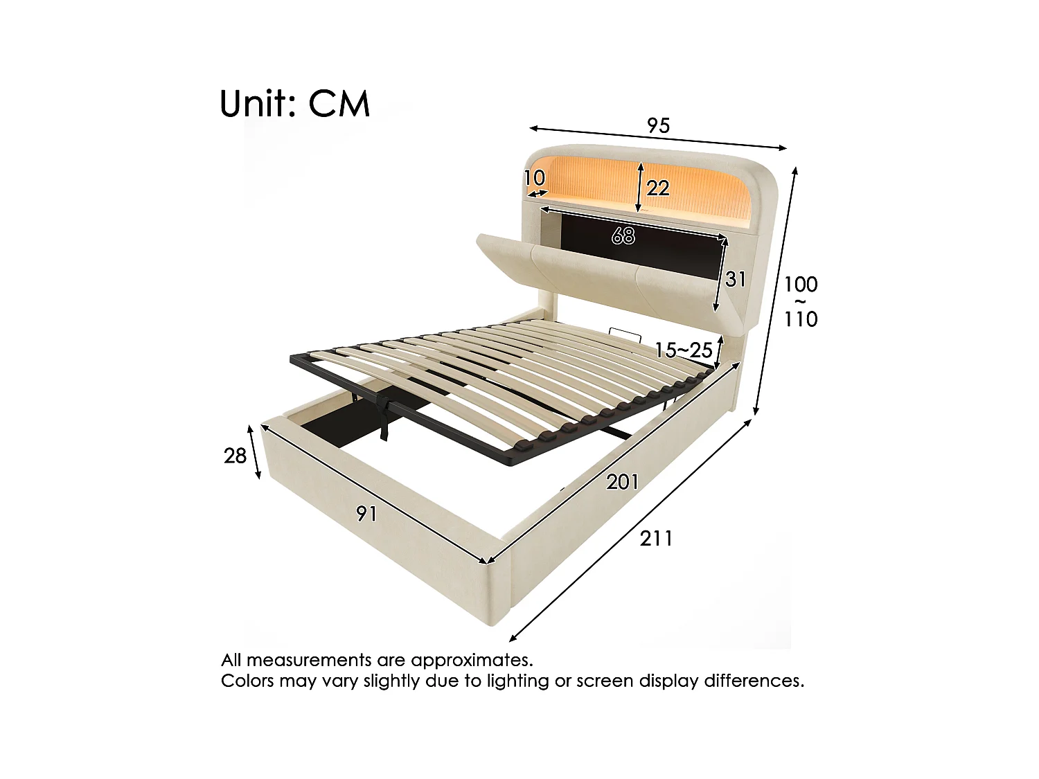 Lit coffre rembourré 90x200cm - avec éclairage LED - avec ports USB et Type-C - avec tête de lit réglable en hauteur - velours - Beige