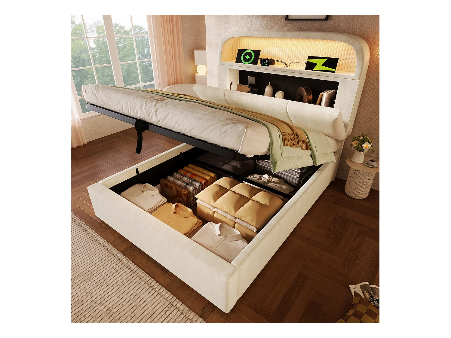 Lit coffre rembourré 90x200cm - avec éclairage LED - avec ports USB et Type-C - avec tête de lit réglable en hauteur - velours - Beige