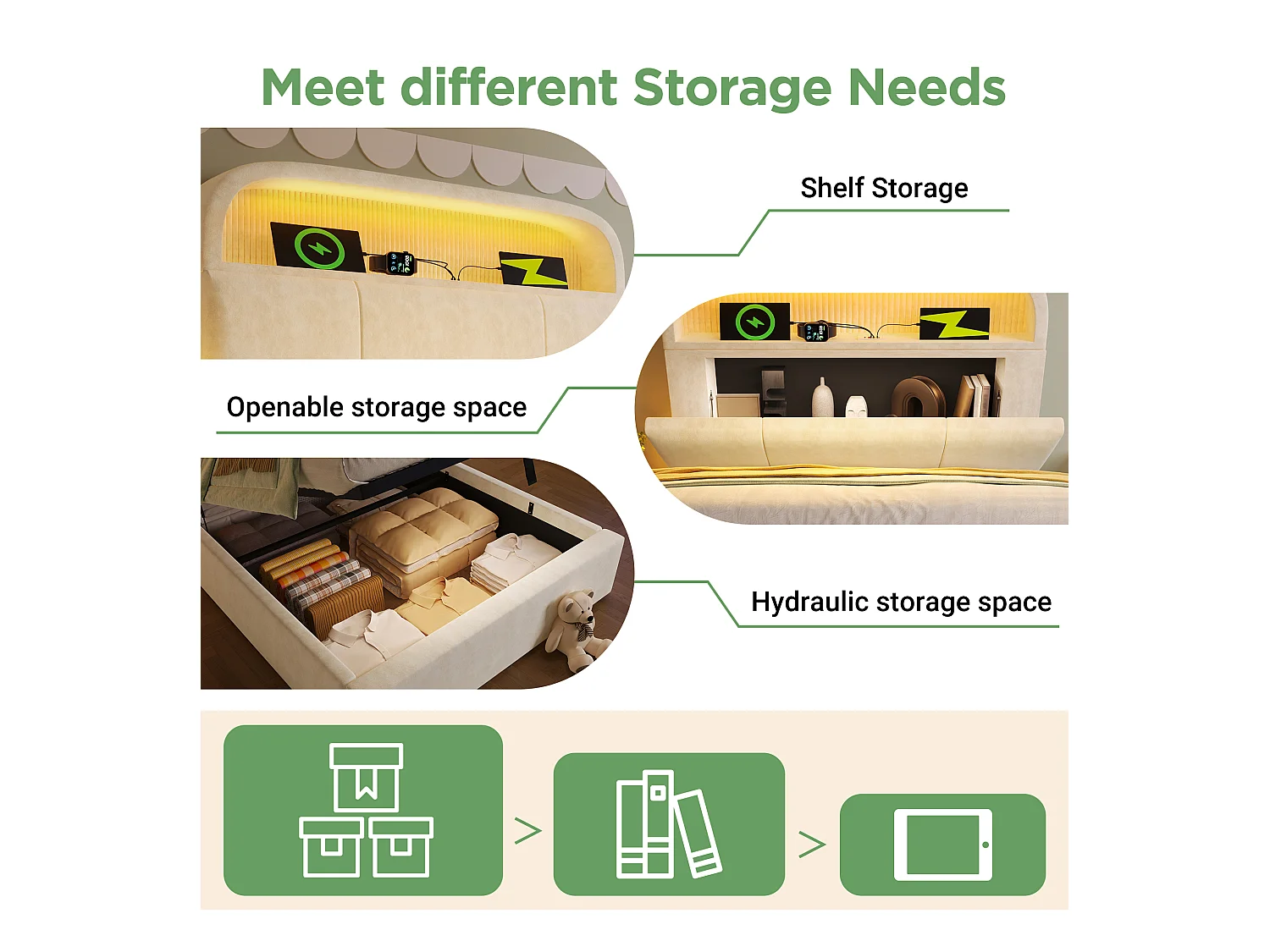 Lit coffre rembourré 90x200cm - avec éclairage LED - avec ports USB et Type-C - avec tête de lit réglable en hauteur - velours - Beige