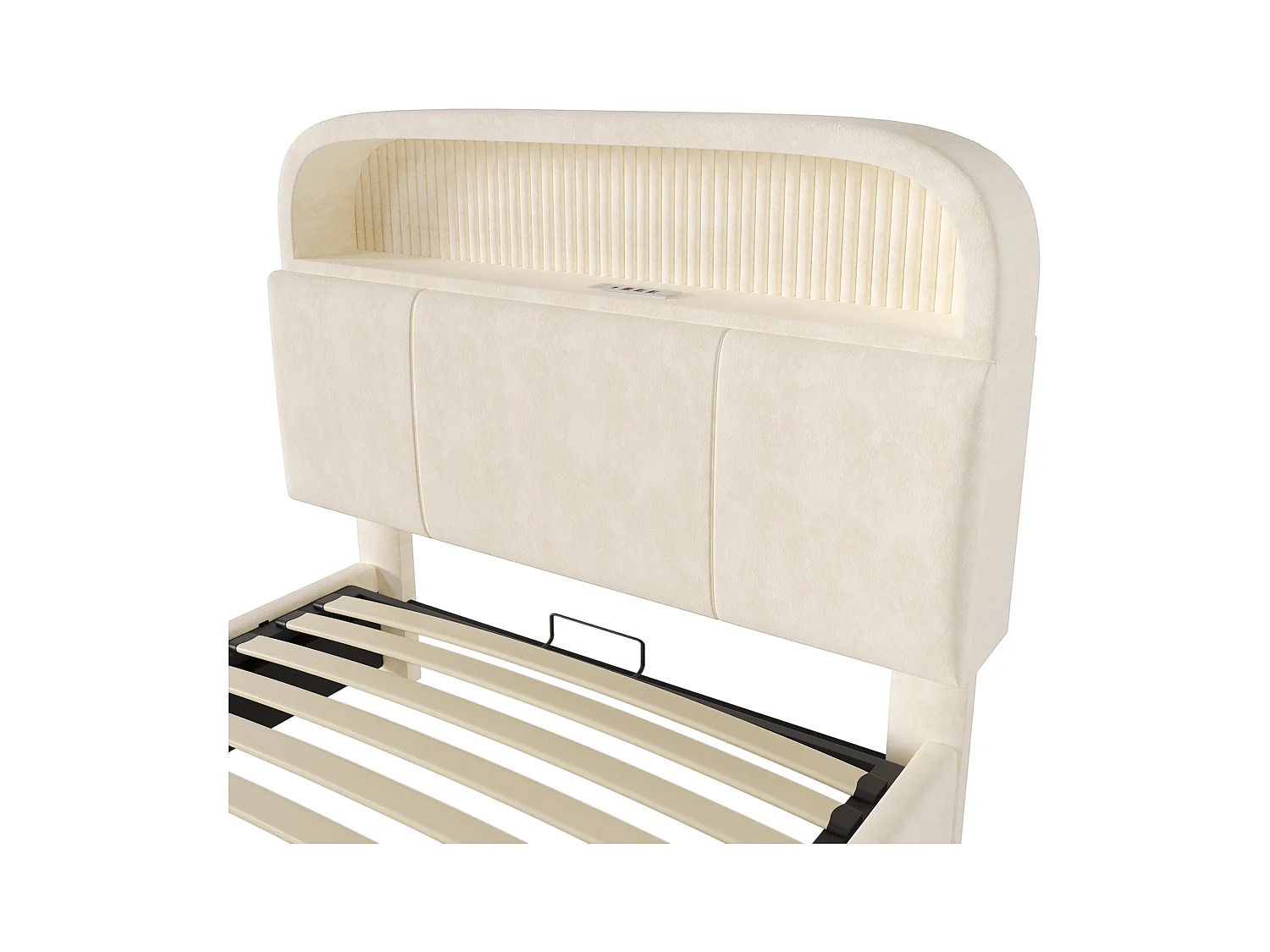 Lit coffre rembourré 90x200cm - avec éclairage LED - avec ports USB et Type-C - avec tête de lit réglable en hauteur - velours - Beige