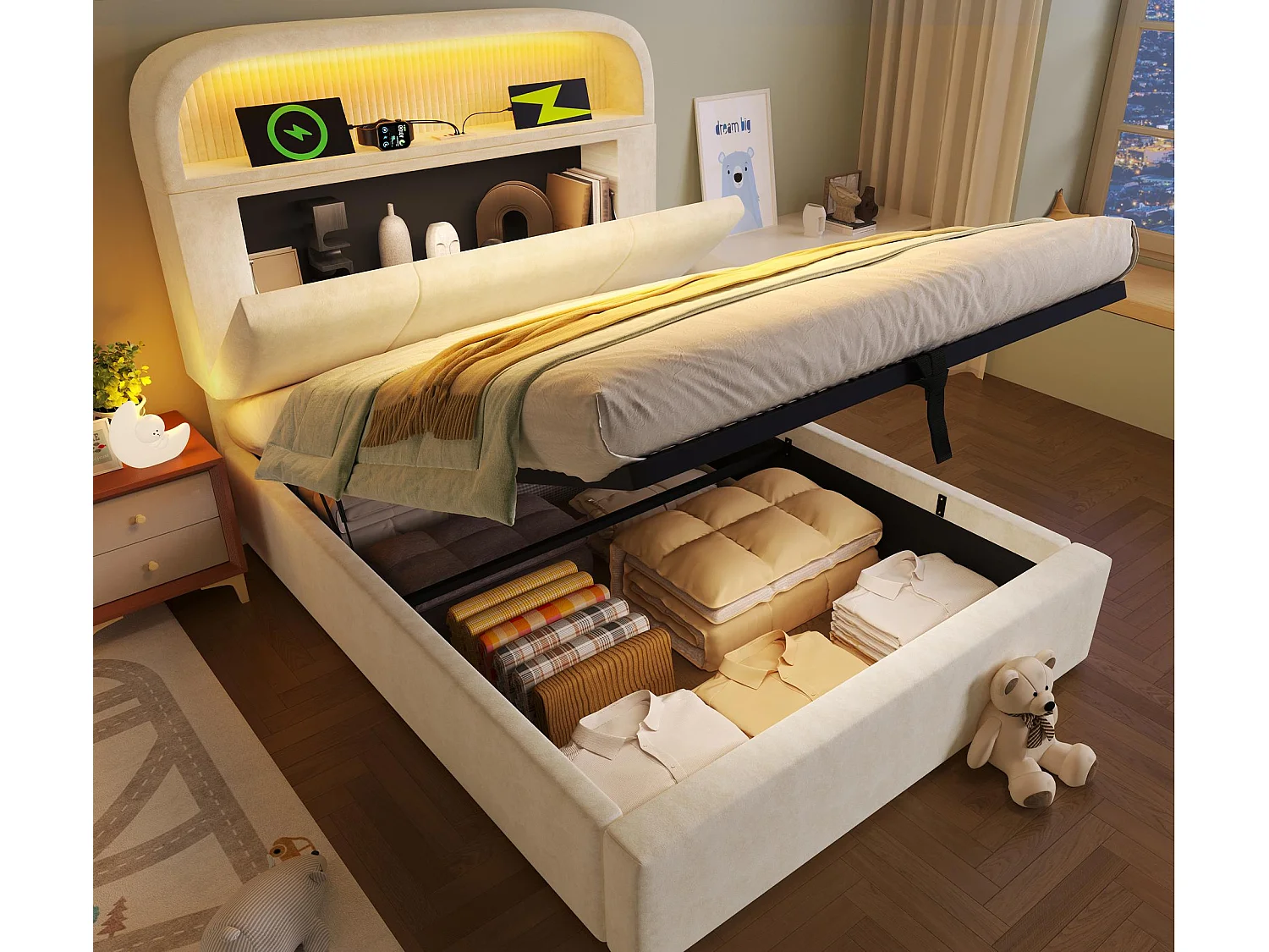 Lit coffre rembourré 90x200cm - avec éclairage LED - avec ports USB et Type-C - avec tête de lit réglable en hauteur - velours - Beige