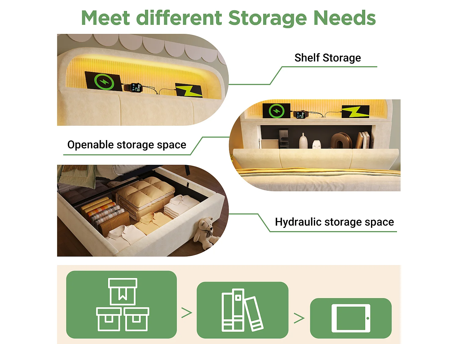 Lit coffre rembourré 90x200cm - avec éclairage LED - avec ports USB et Type-C - avec tête de lit réglable en hauteur - velours - Beige