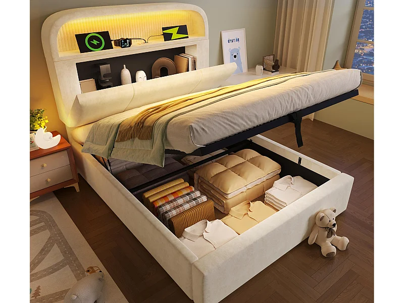 Cama estofada com armazenamento 90x200 cm - com iluminação LED - com portas USB e Type-C - com cabeceira ajustável em altura - veludo - Bege