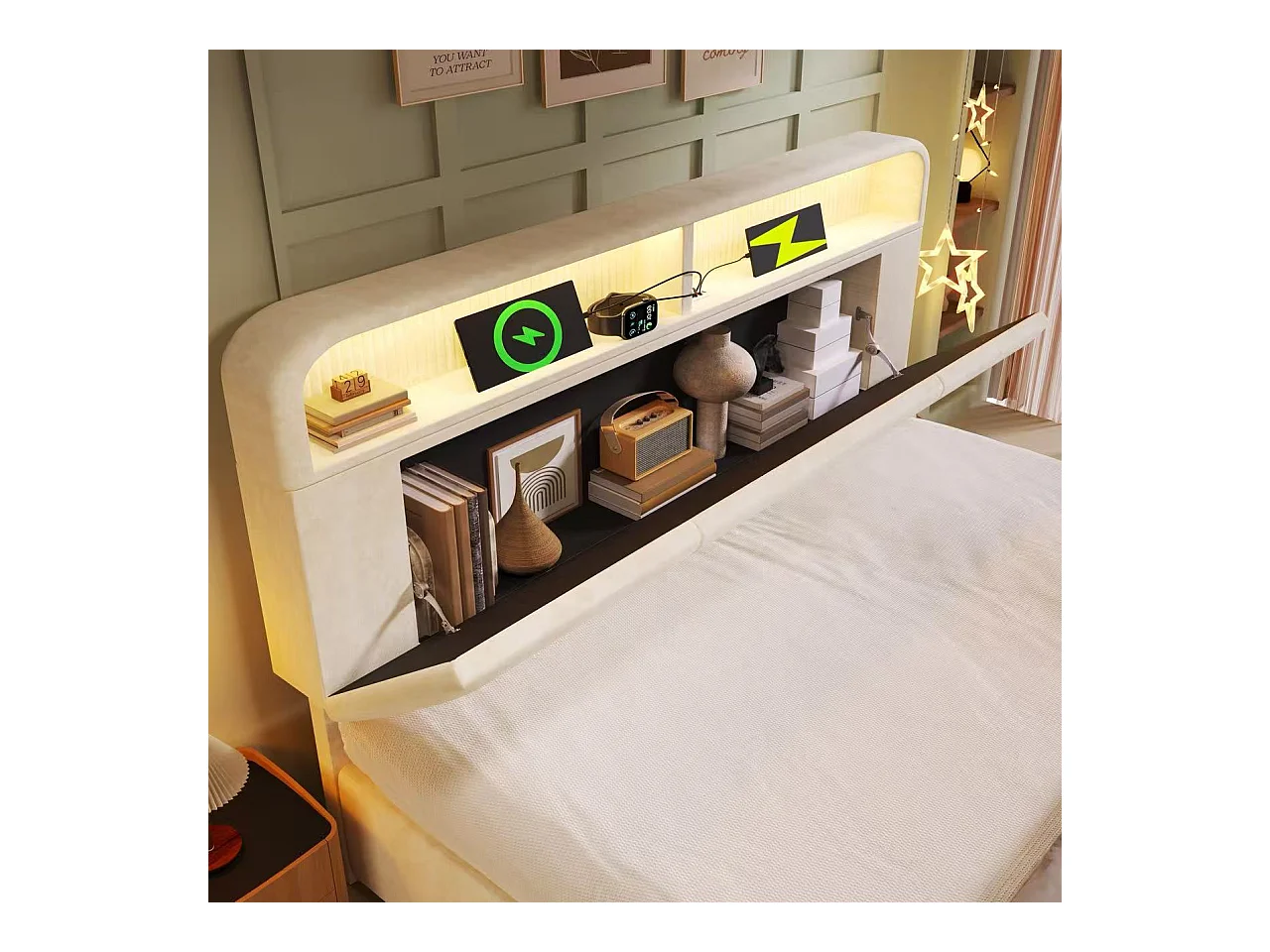 Lit coffre rembourré 180x200cm - avec éclairage LED - avec ports USB et Type-C - avec tête de lit réglable en hauteur - velours - Beige (sans matelas)