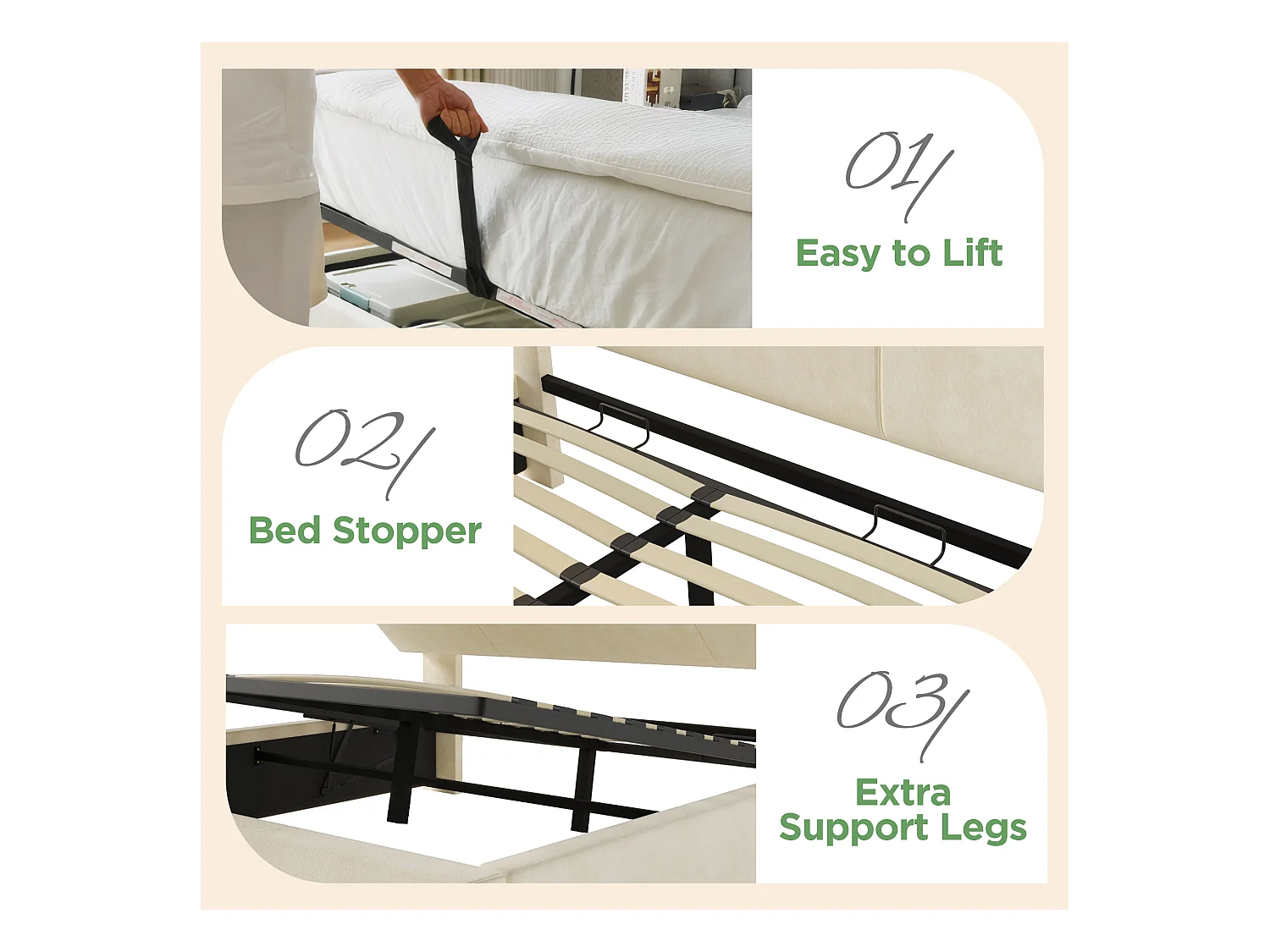 Lit coffre rembourré 180x200cm - avec éclairage LED - avec ports USB et Type-C - avec tête de lit réglable en hauteur - velours - Beige (sans matelas)