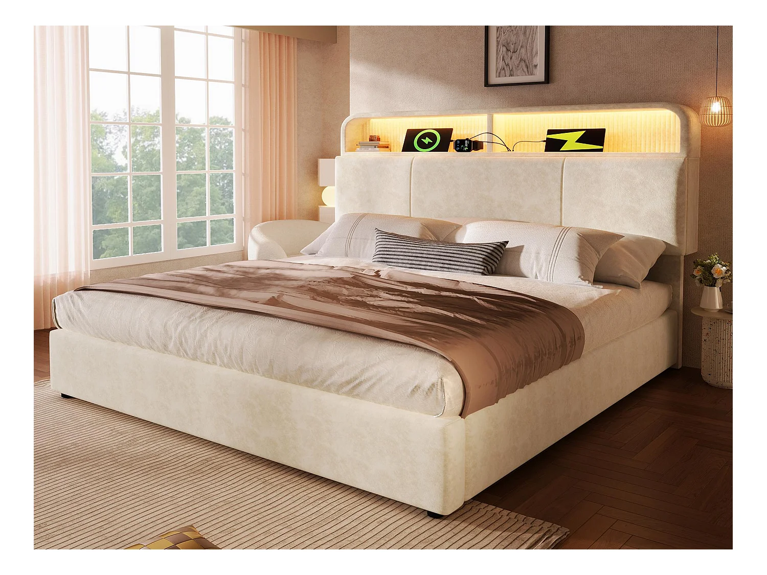 Gestoffeerd opbergbed 180x200 cm - met LED-verlichting - met USB- en Type-C-poorten - met in hoogte verstelbare hoofdeinde - fluweel - Beige