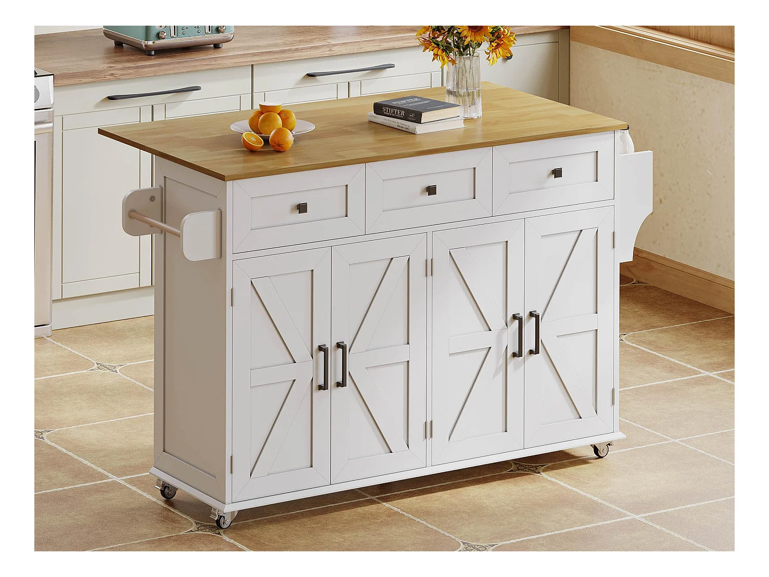 Ilot central de cuisine - table à manger pliable - avec 5 roulettes verrouillables - avec 3 tiroirs et 4 portes - avec porte-serviettes - Blanc