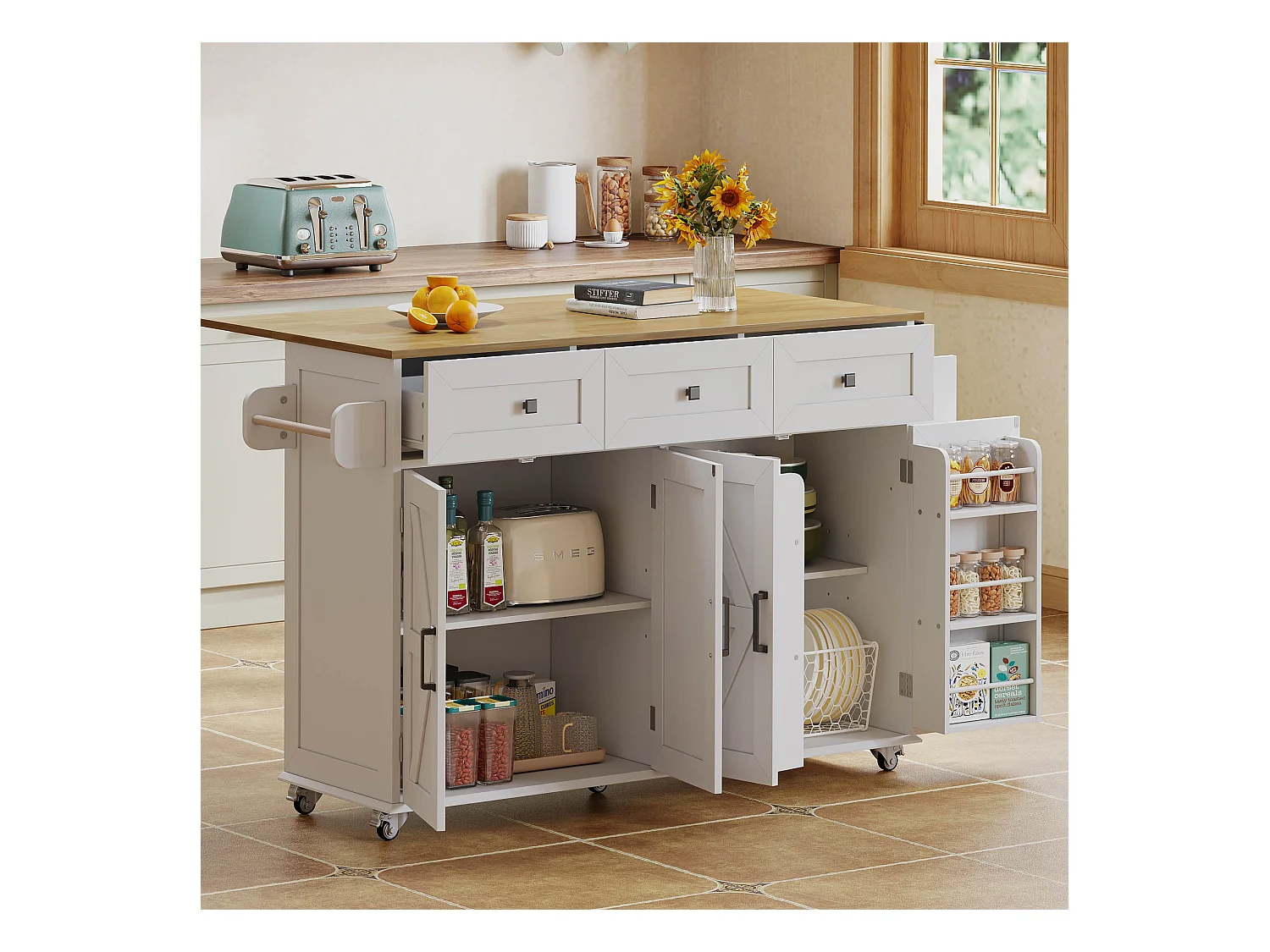 Ilot central de cuisine - table à manger pliable - avec 5 roulettes verrouillables - avec 3 tiroirs et 4 portes - avec porte-serviettes - Blanc