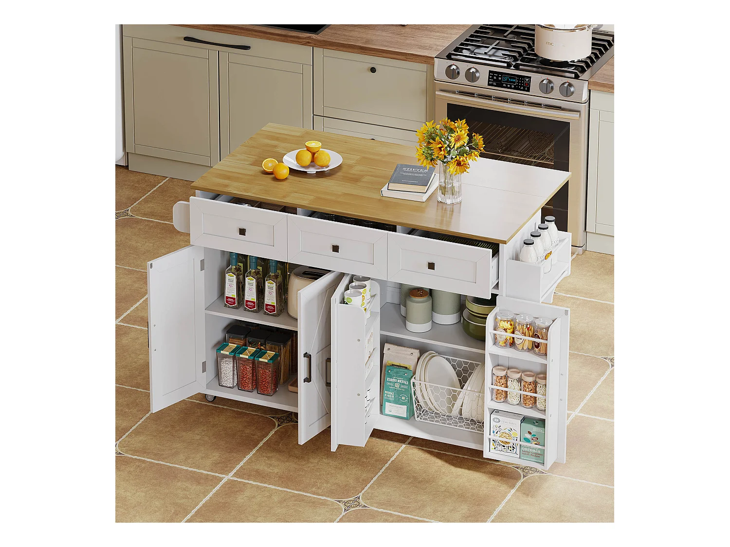 Ilot central de cuisine - table à manger pliable - avec 5 roulettes verrouillables - avec 3 tiroirs et 4 portes - avec porte-serviettes - Blanc