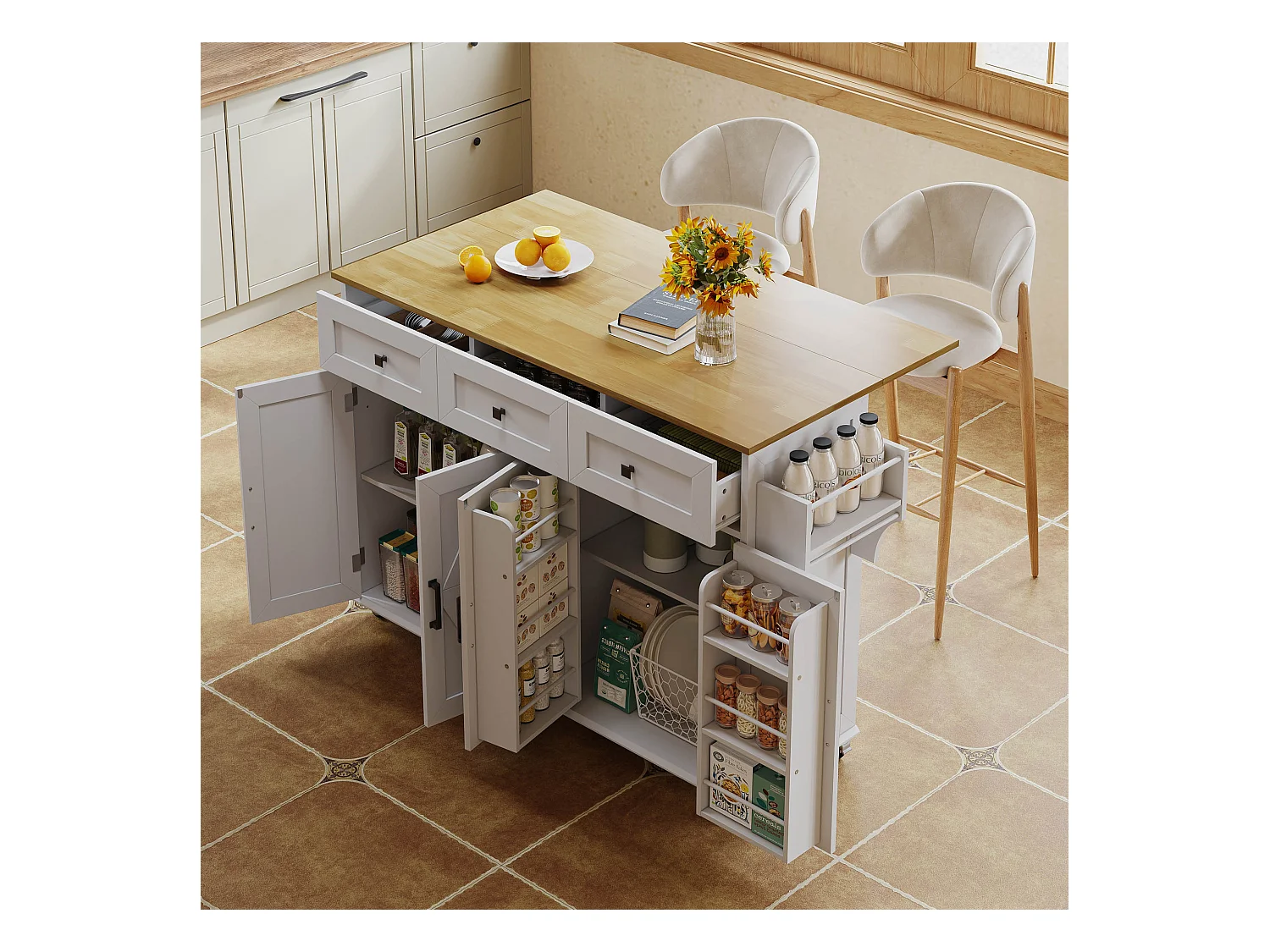 Ilot central de cuisine - table à manger pliable - avec 5 roulettes verrouillables - avec 3 tiroirs et 4 portes - avec porte-serviettes - Blanc