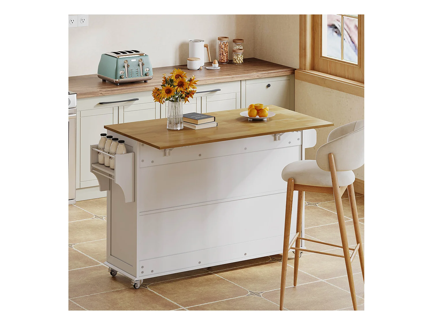 Ilot central de cuisine - table à manger pliable - avec 5 roulettes verrouillables - avec 3 tiroirs et 4 portes - avec porte-serviettes - Blanc