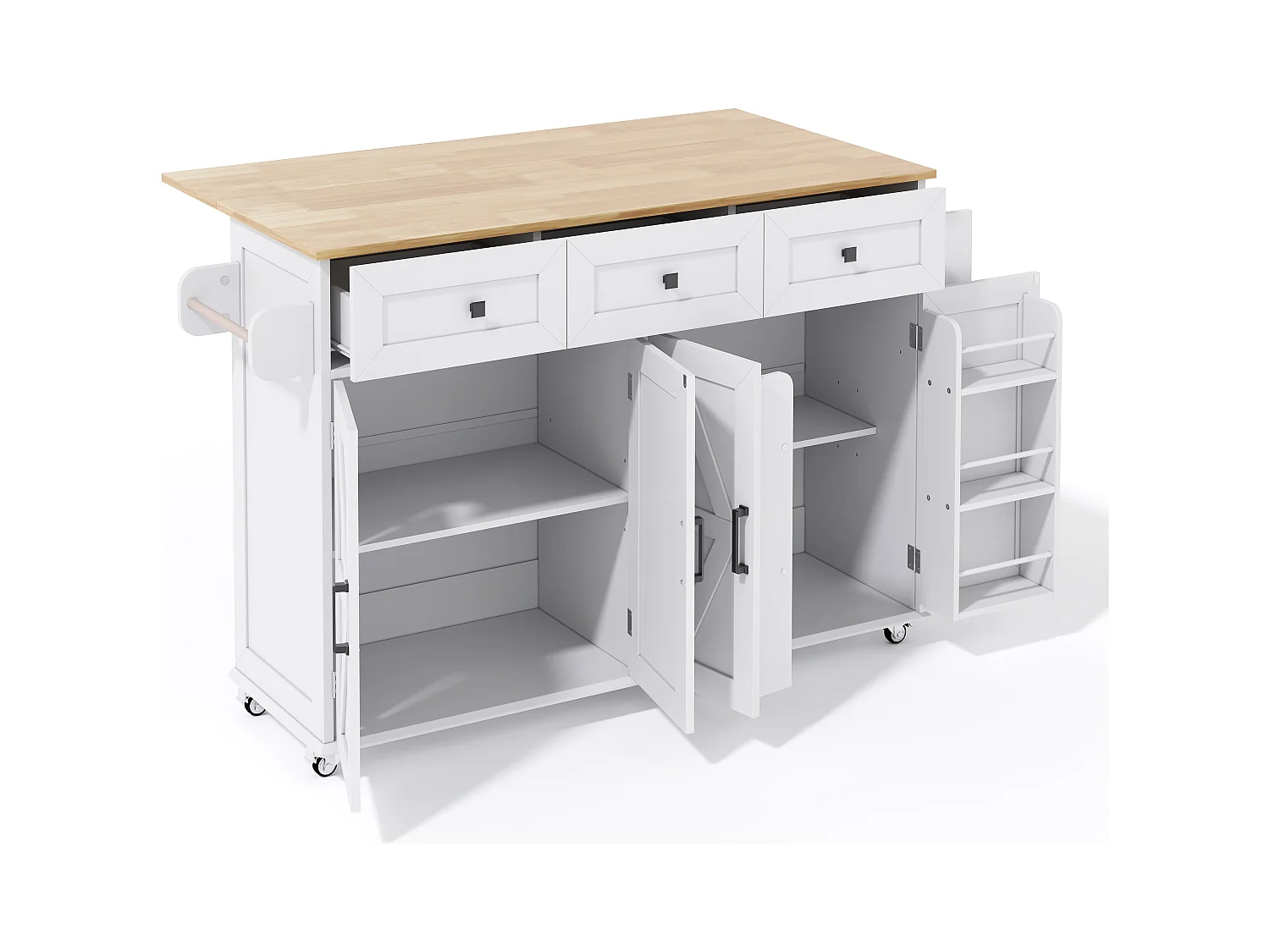 Ilot central de cuisine - table à manger pliable - avec 5 roulettes verrouillables - avec 3 tiroirs et 4 portes - avec porte-serviettes - Blanc