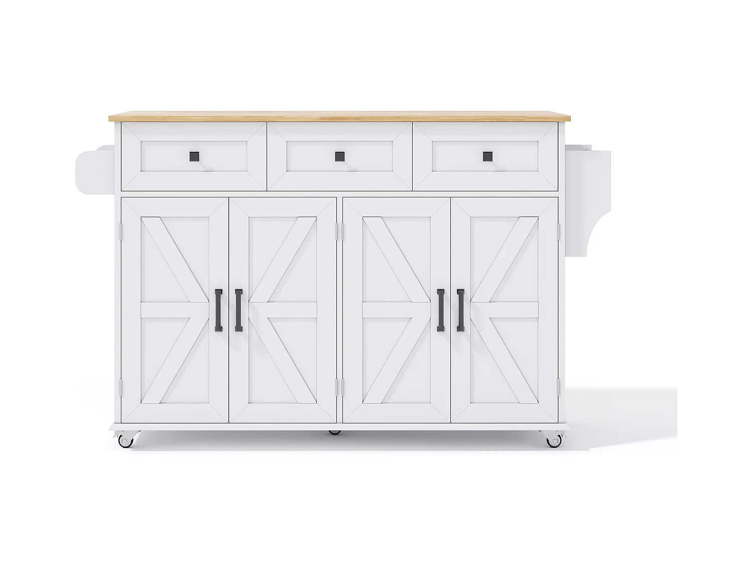 Ilot central de cuisine - table à manger pliable - avec 5 roulettes verrouillables - avec 3 tiroirs et 4 portes - avec porte-serviettes - Blanc