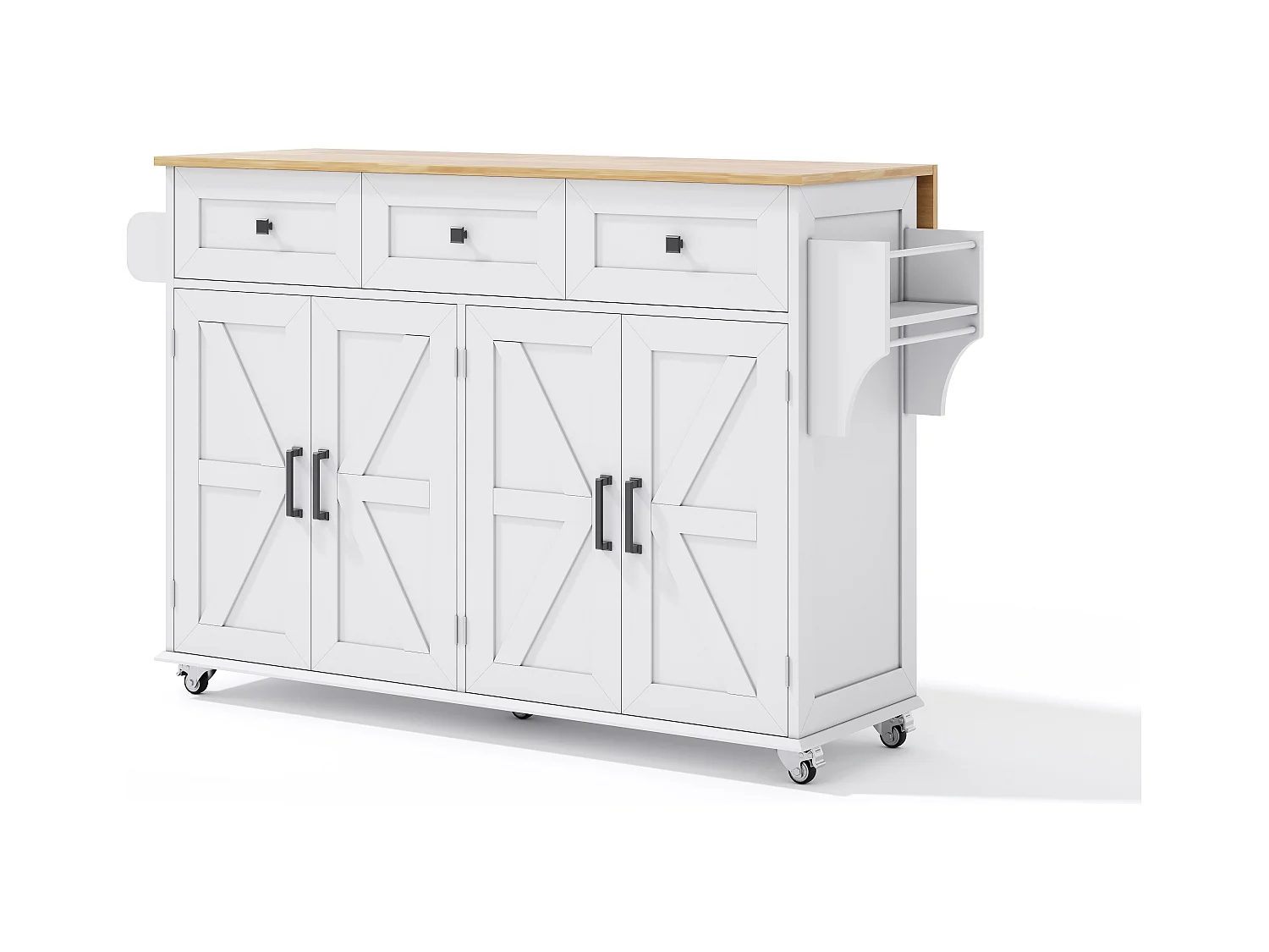 Ilot central de cuisine - table à manger pliable - avec 5 roulettes verrouillables - avec 3 tiroirs et 4 portes - avec porte-serviettes - Blanc