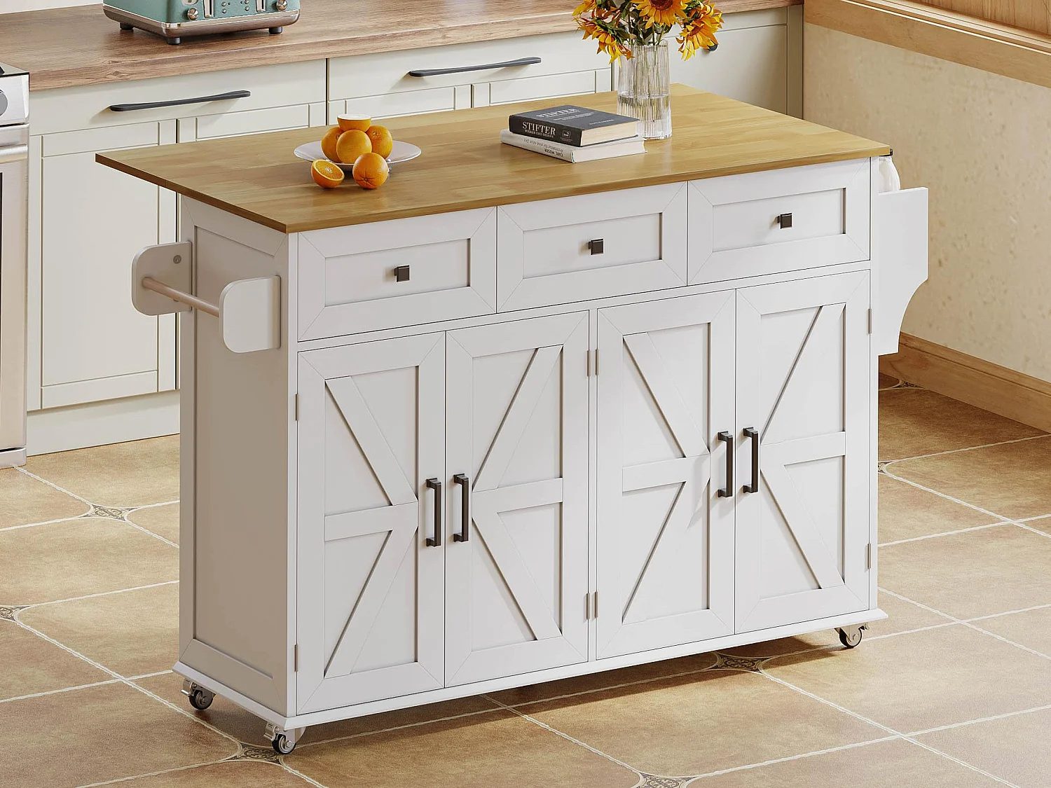 Ilot central de cuisine - table à manger pliable - avec 5 roulettes verrouillables - avec 3 tiroirs et 4 portes - avec porte-serviettes - Blanc