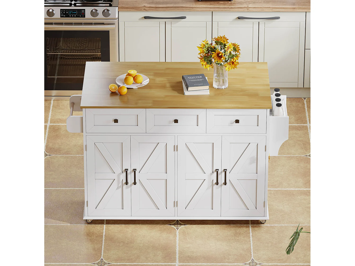 Ilot central de cuisine - table à manger pliable - avec 5 roulettes verrouillables - avec 3 tiroirs et 4 portes - avec porte-serviettes - Blanc