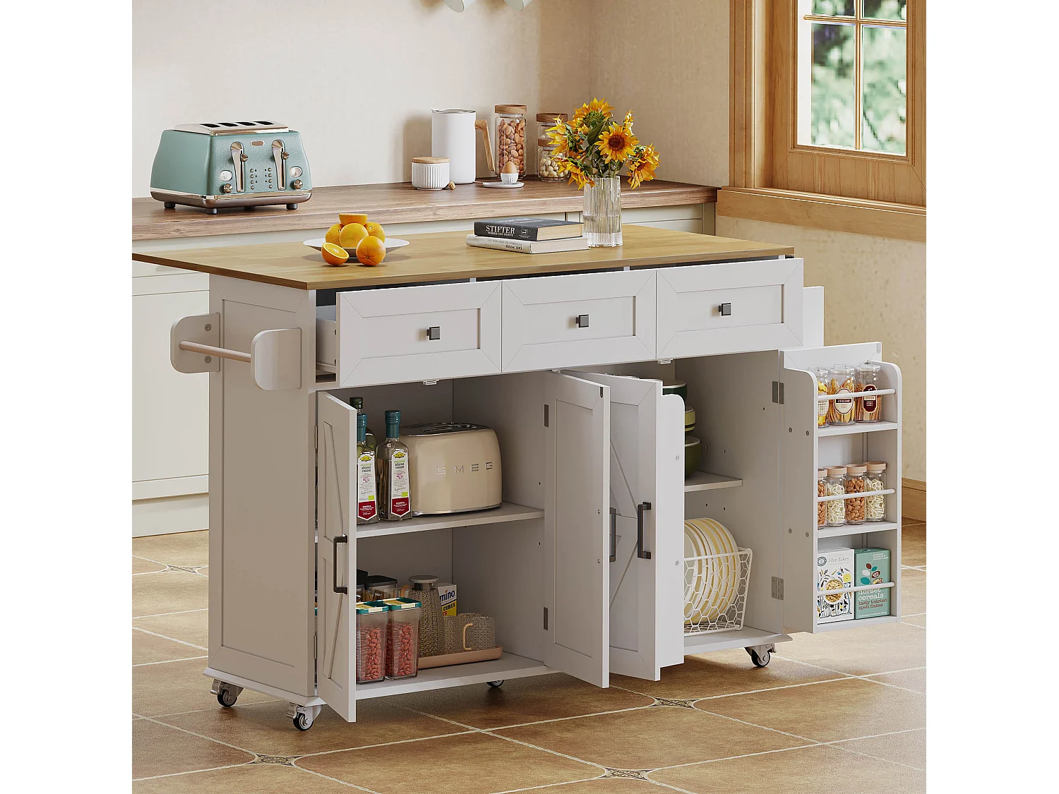 Ilot central de cuisine - table à manger pliable - avec 5 roulettes verrouillables - avec 3 tiroirs et 4 portes - avec porte-serviettes - Blanc